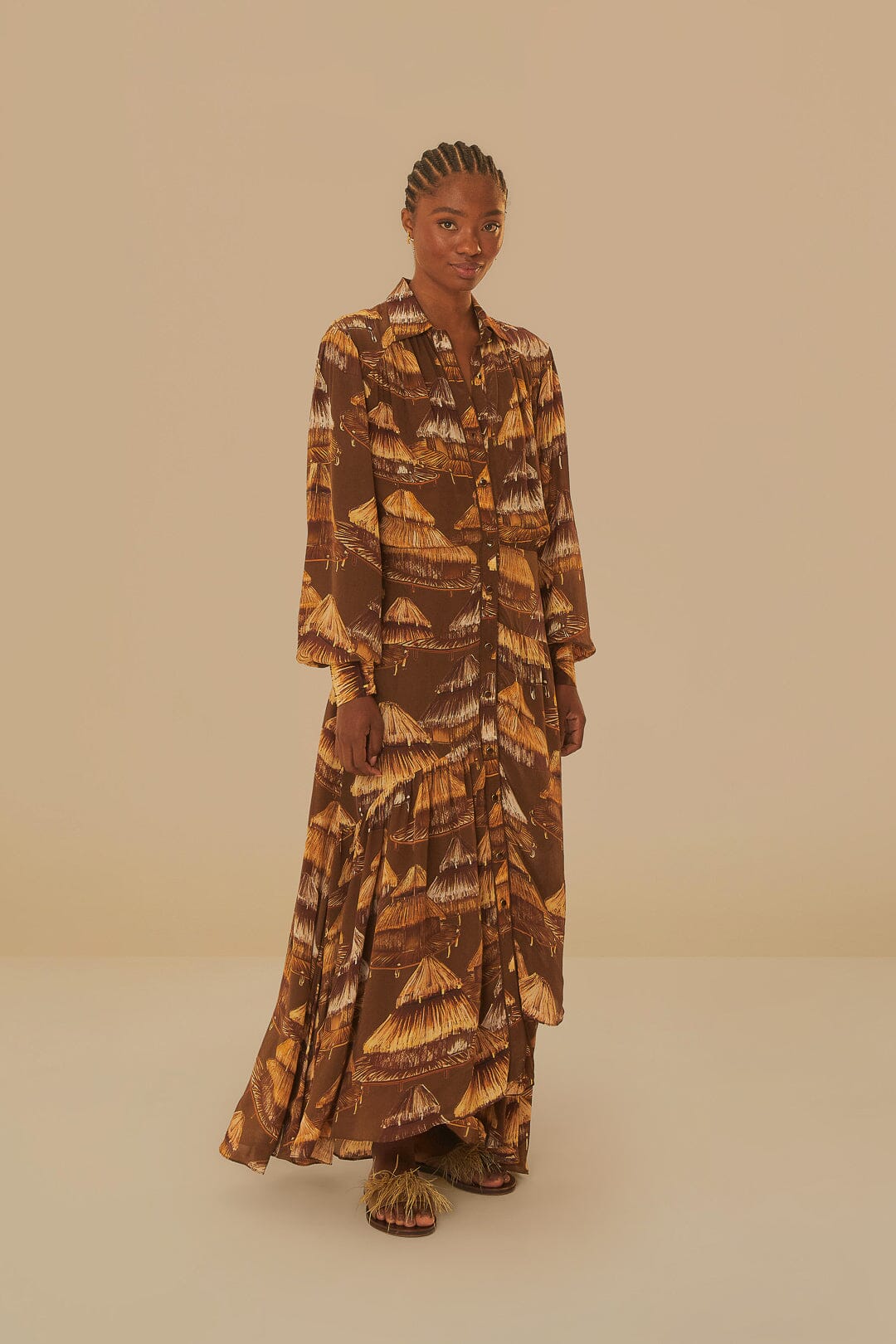 Malocas Beige Long Sleeve Midi Dress FARM Rio Malocas Beige Long Sleeve Midi Dress FARM Rio