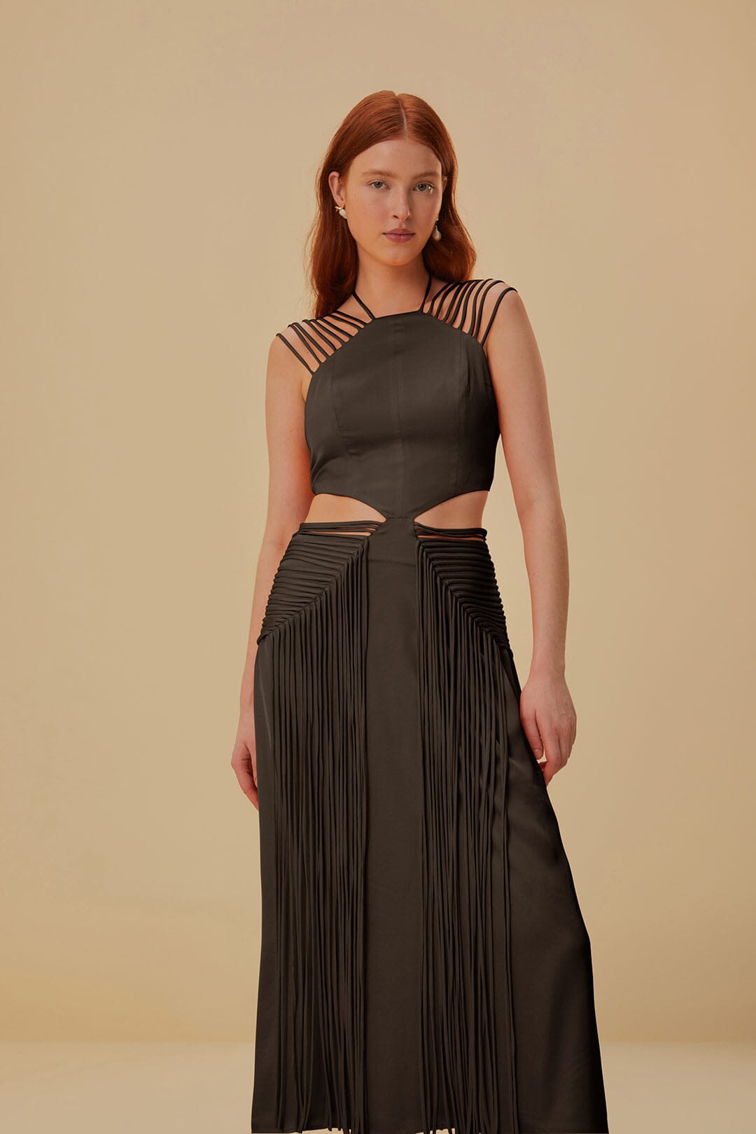 Brown Fringed Sleeveless Midi Dress FARM Rio Brown Fringed Sleeveless Midi Dress FARM Rio