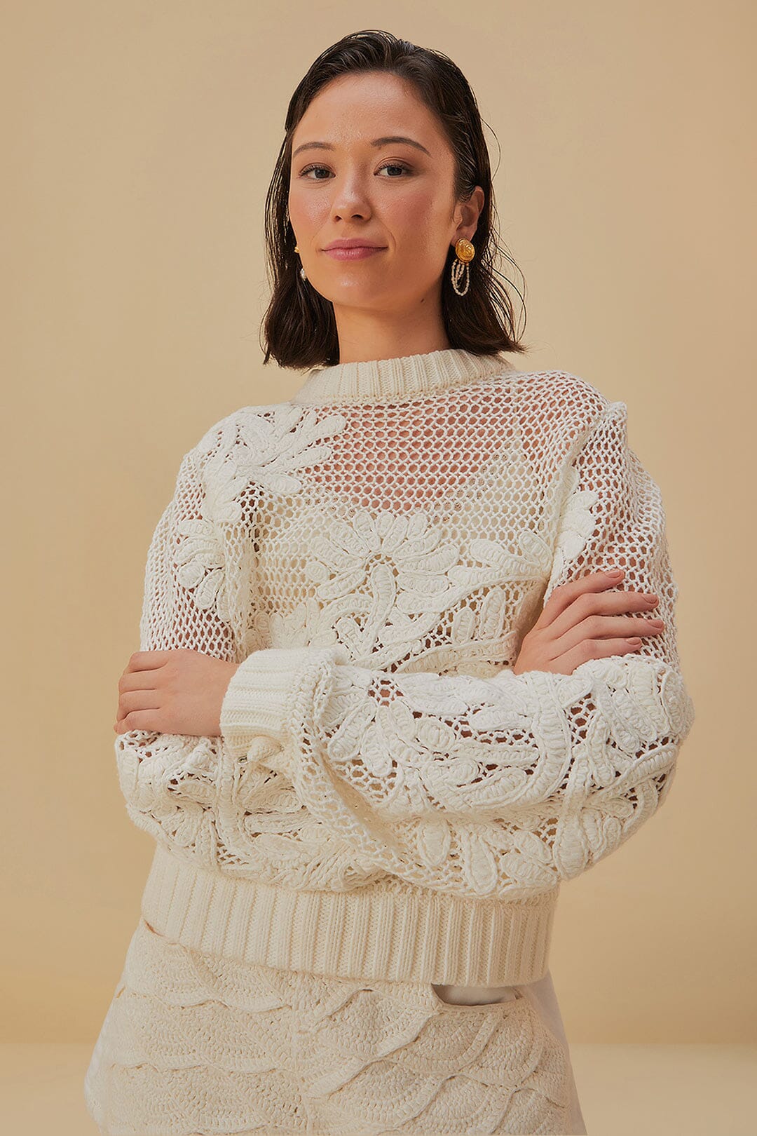 Knit Sweater Sweater With Embroidered Sleeves Cream Embroidered