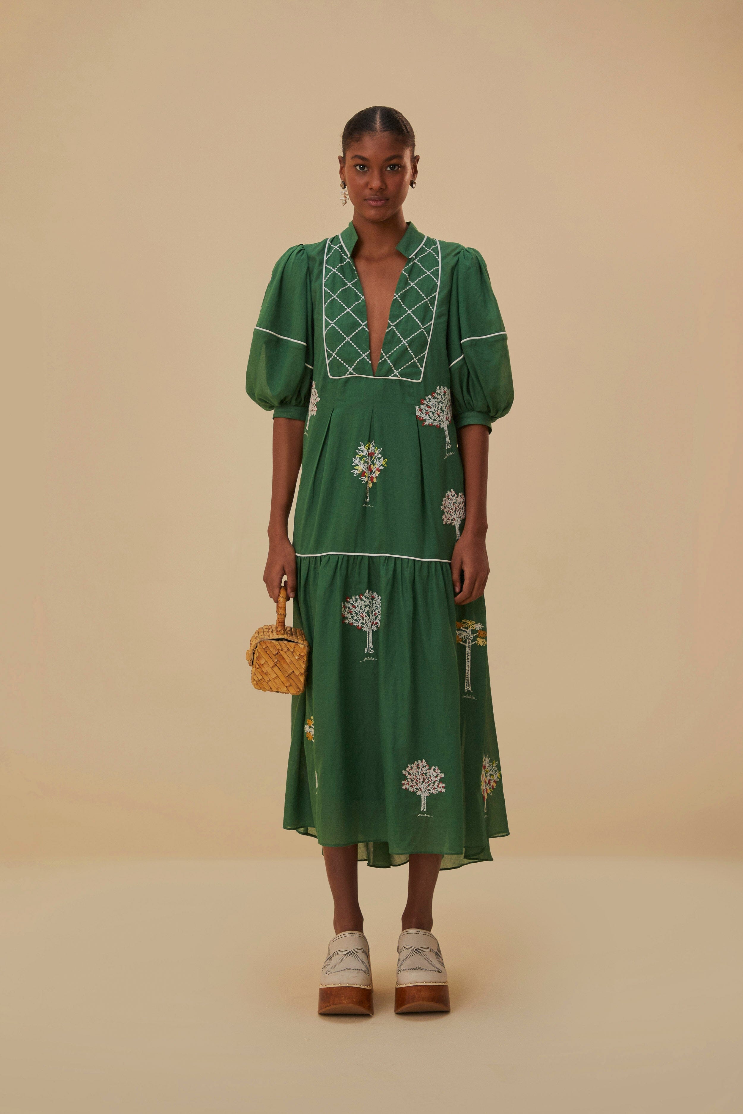 Green Embroidered Trees Organic Cotton Midi Dress FARM Rio Green Embroidered Trees Organic Cotton Midi Dress FARM Rio