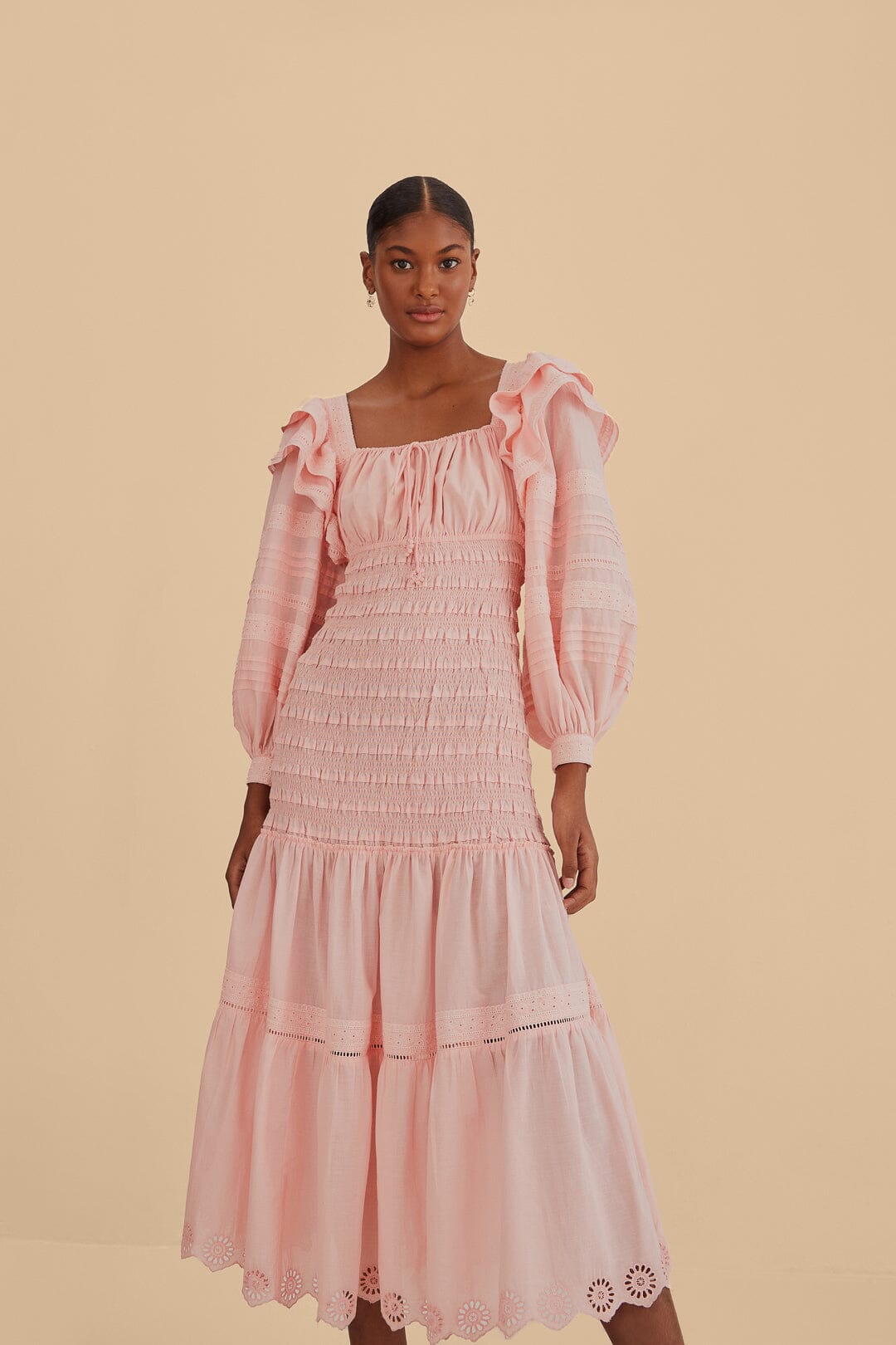 Light Pink Long Sleeve Smocked Midi Dress FARM Rio Light Pink Long Sleeve Smocked Midi Dress FARM Rio
