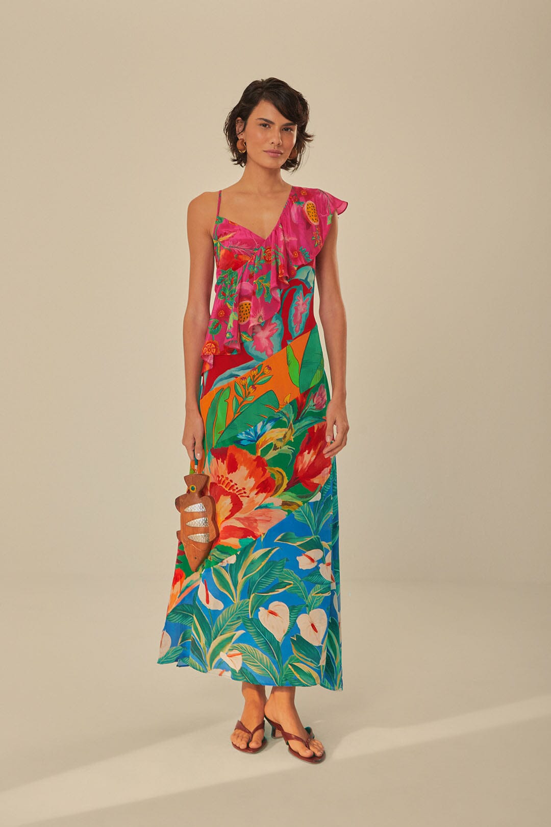farm rio one shoulder dress Mixed Flowery Rufle One Strap Midi Dress – FARM Rio