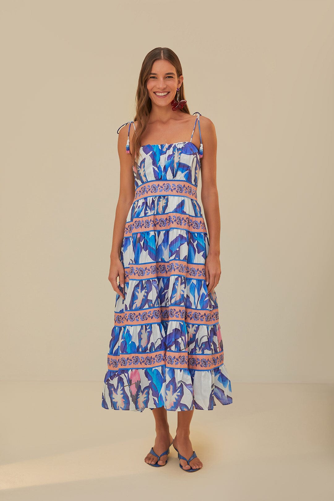 Off-White Blue Foliage Midi Dress FARM Rio Off-White Blue Foliage Midi Dress FARM Rio