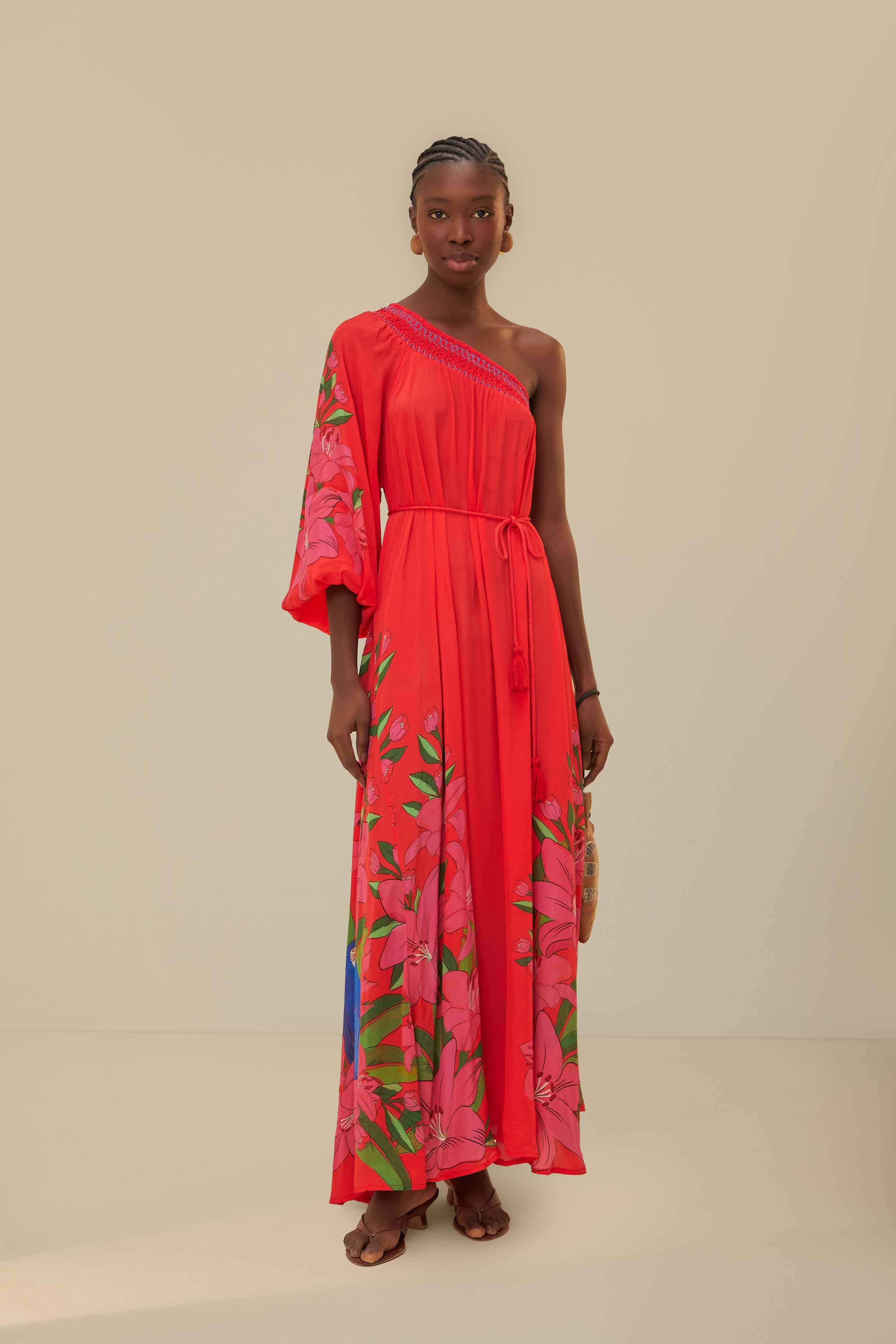Red Summer Foliage Scarf Maxi Dress FARM Rio Red Summer Foliage Scarf Maxi Dress FARM Rio