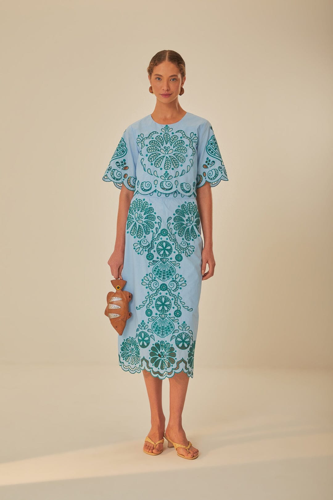 Light Blue And Green Graphic Richelieu Midi Skirt – FARM Rio
