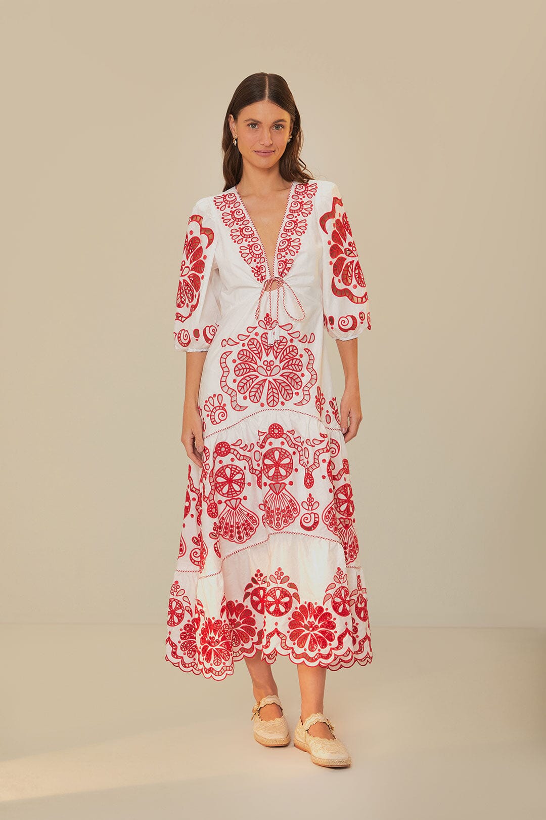 White Richelieu V Neck Maxi Dress FARM Rio White Richelieu V Neck Maxi Dress FARM Rio