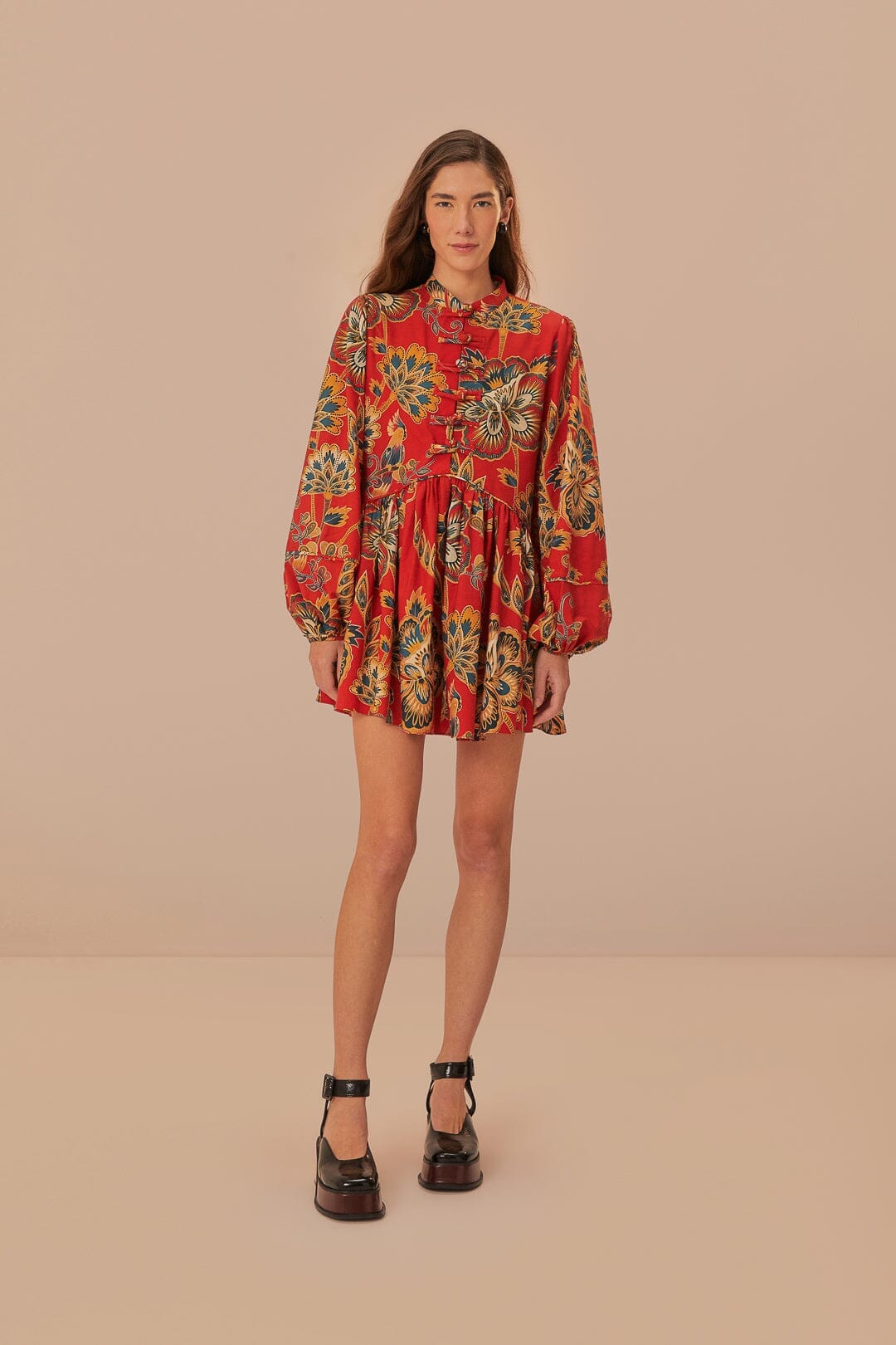 Red Maxi Floral Long Sleeve Mini Dress FARM Rio Red Maxi Floral Long Sleeve Mini Dress FARM Rio