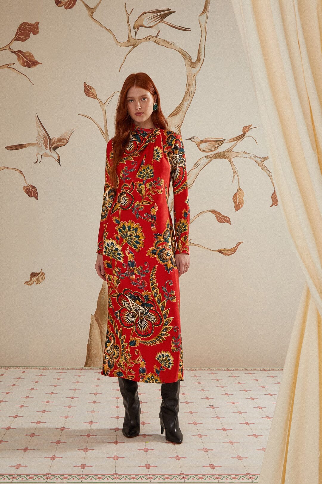 red midi long sleeve dress Red Maxi Floral Cutout Midi Dress – FARM Rio