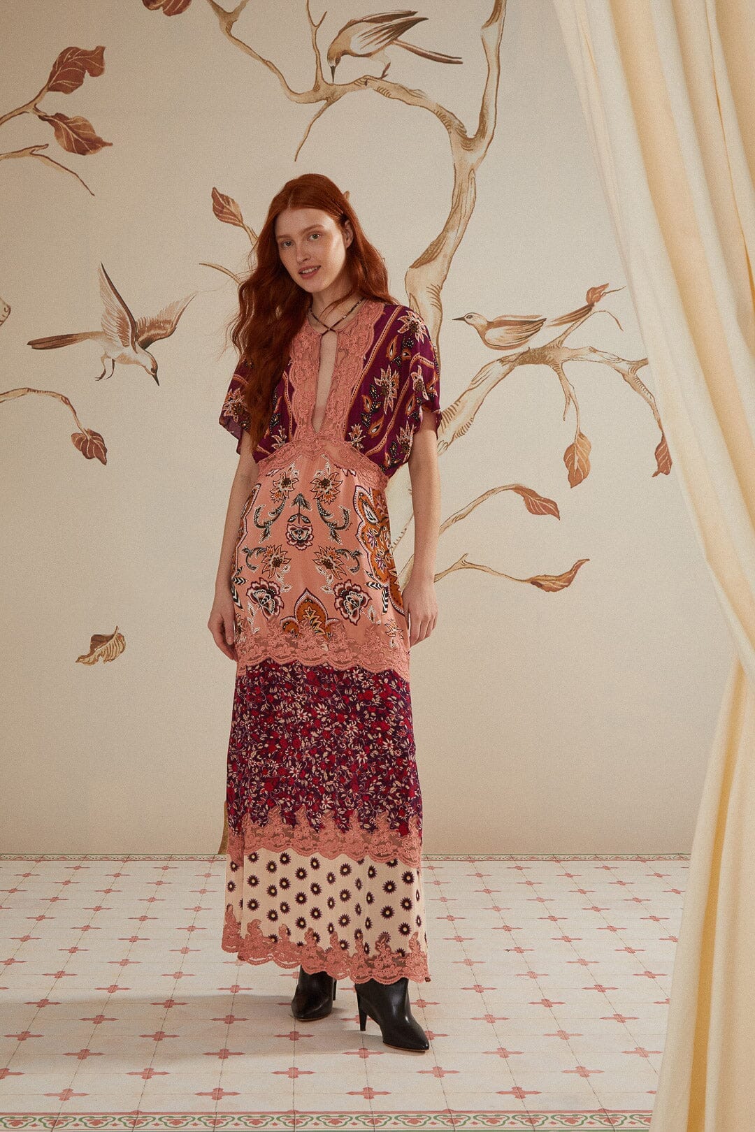 Glam Tapestry Burgundy Laces Short Sleeve Maxi Dress FARM Rio Glam Tapestry Burgundy Laces Short Sleeve Maxi Dress FARM Rio