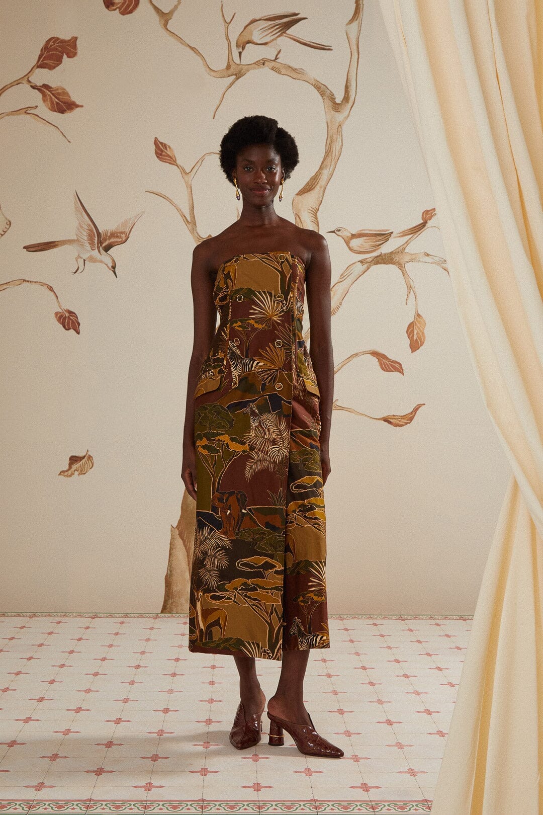 Savana Dream Caramel Strapless Buttonned Midi Dres FARM Rio Savana Dream Caramel Strapless Buttonned Midi Dres FARM Rio