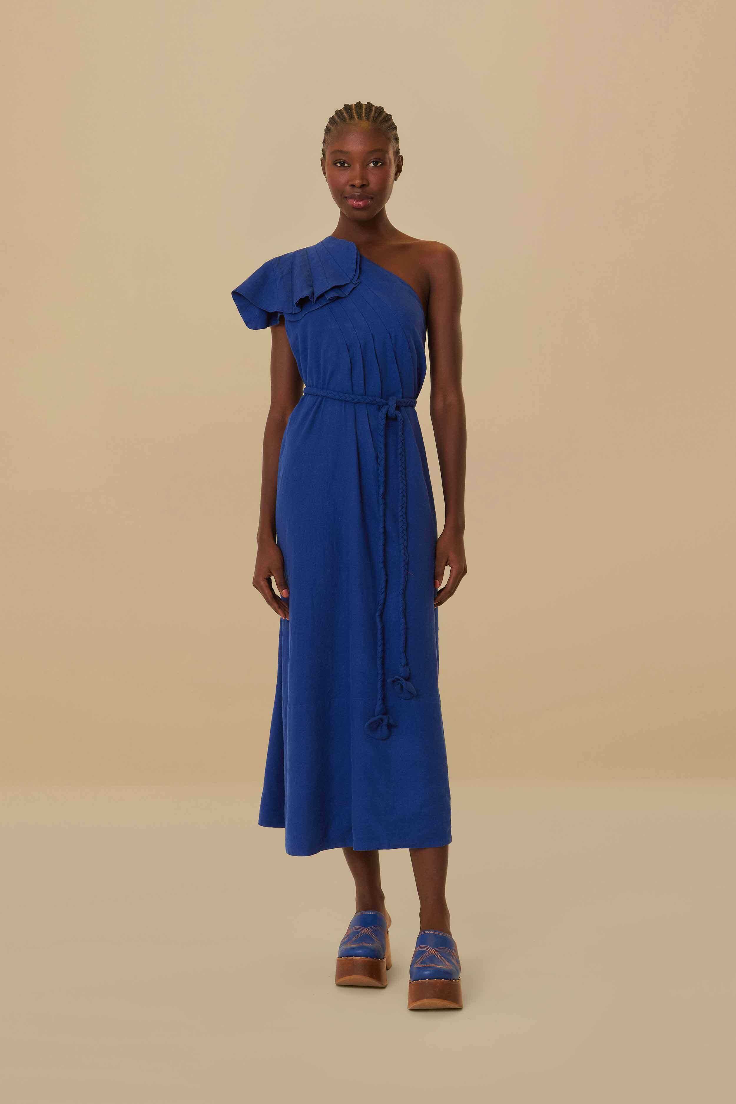 Navy Blue One Shoulder Leaf Lenzing Ecovero Euroflax Maxi Dress FARM Rio Navy Blue One Shoulder Leaf Lenzing Ecovero Euroflax Maxi Dress FARM Rio