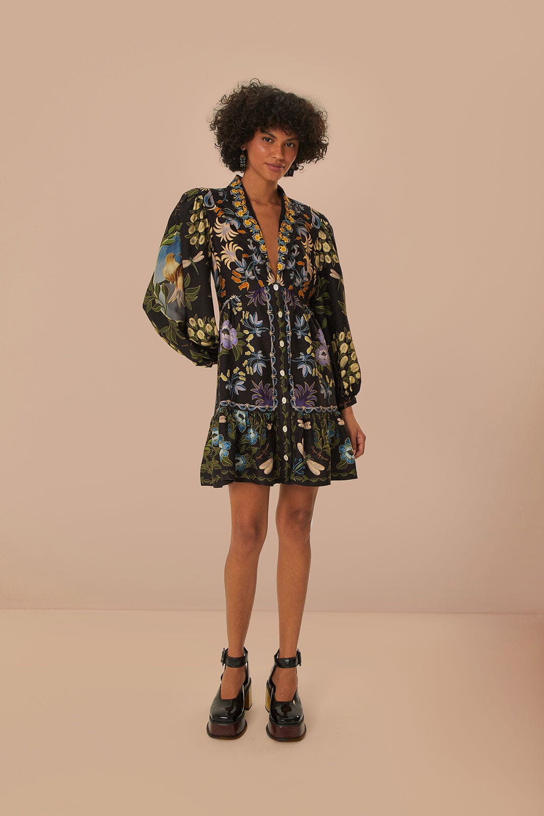 Black Winter Garden Mini Dress Long Sleeves FARM Rio Black Winter Garden Mini Dress Long Sleeves FARM Rio