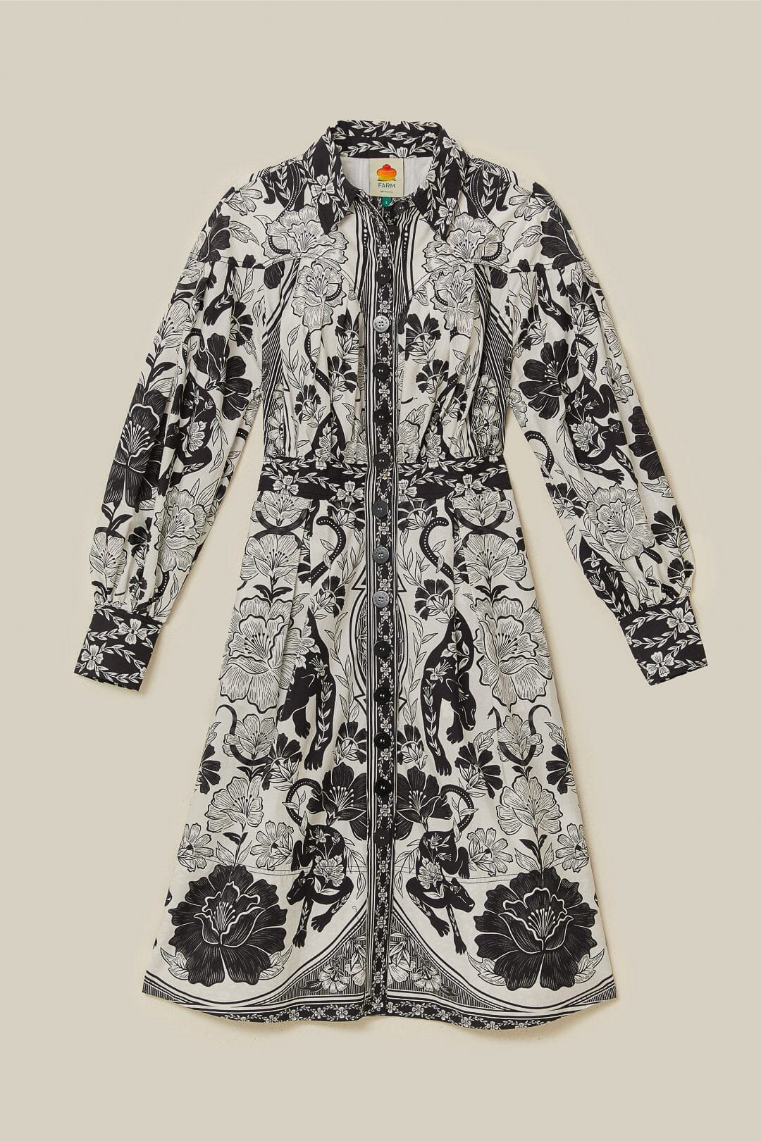 Robe mi-longue à col et imprimé léopards blanc cassé