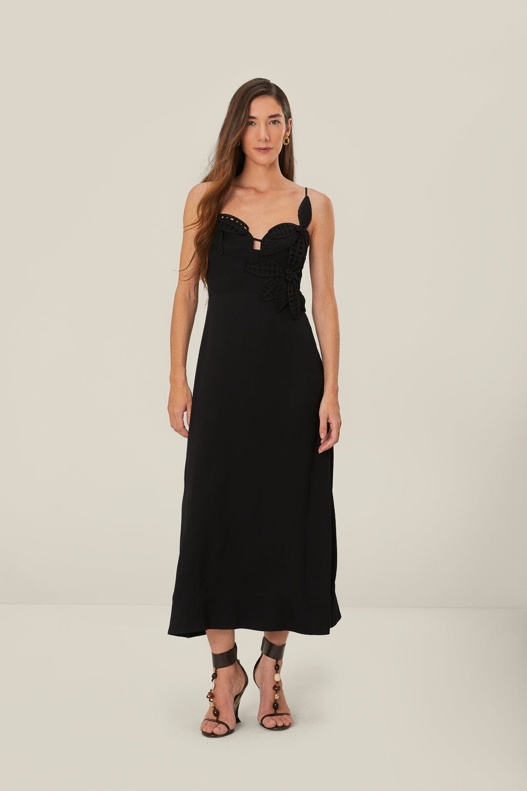 black flowered bust midi dress Strapless Midi Dress with Beaded Floral Bodice 45640
