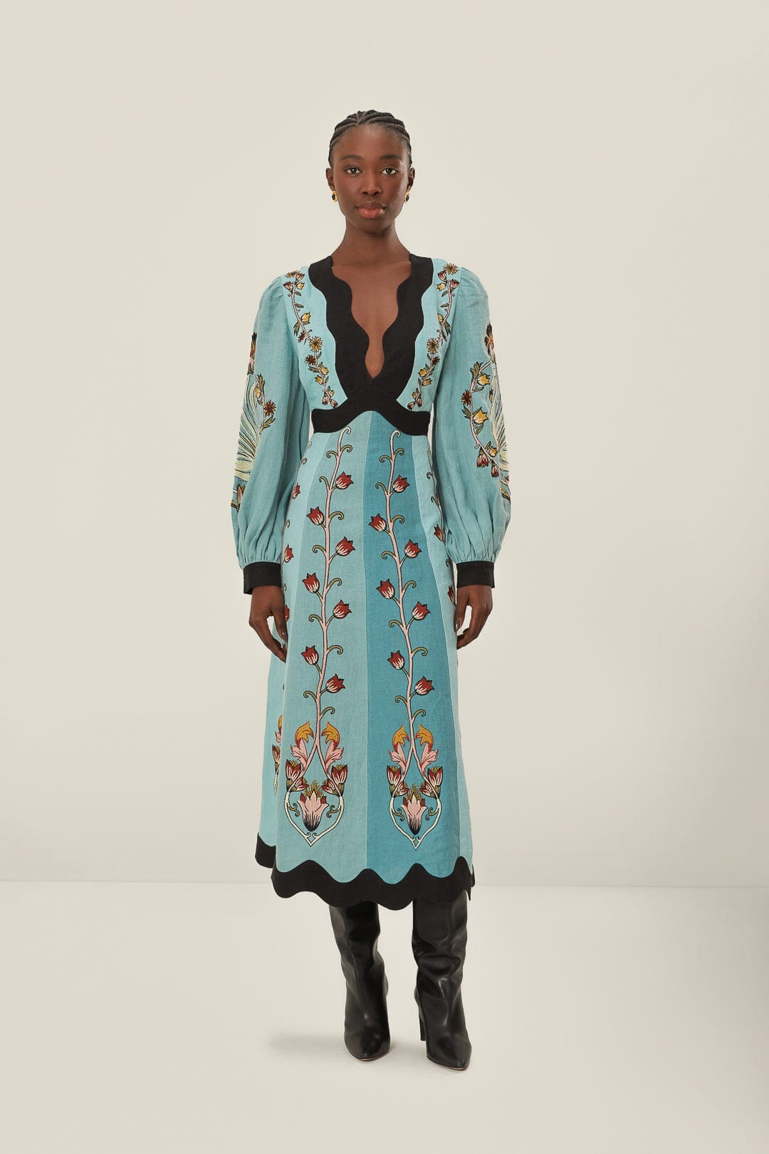 Blue Flowing Beauty Embroidered Long Sleeve Midi Dress FARM Rio Blue Flowing Beauty Embroidered Long Sleeve Midi Dress FARM Rio