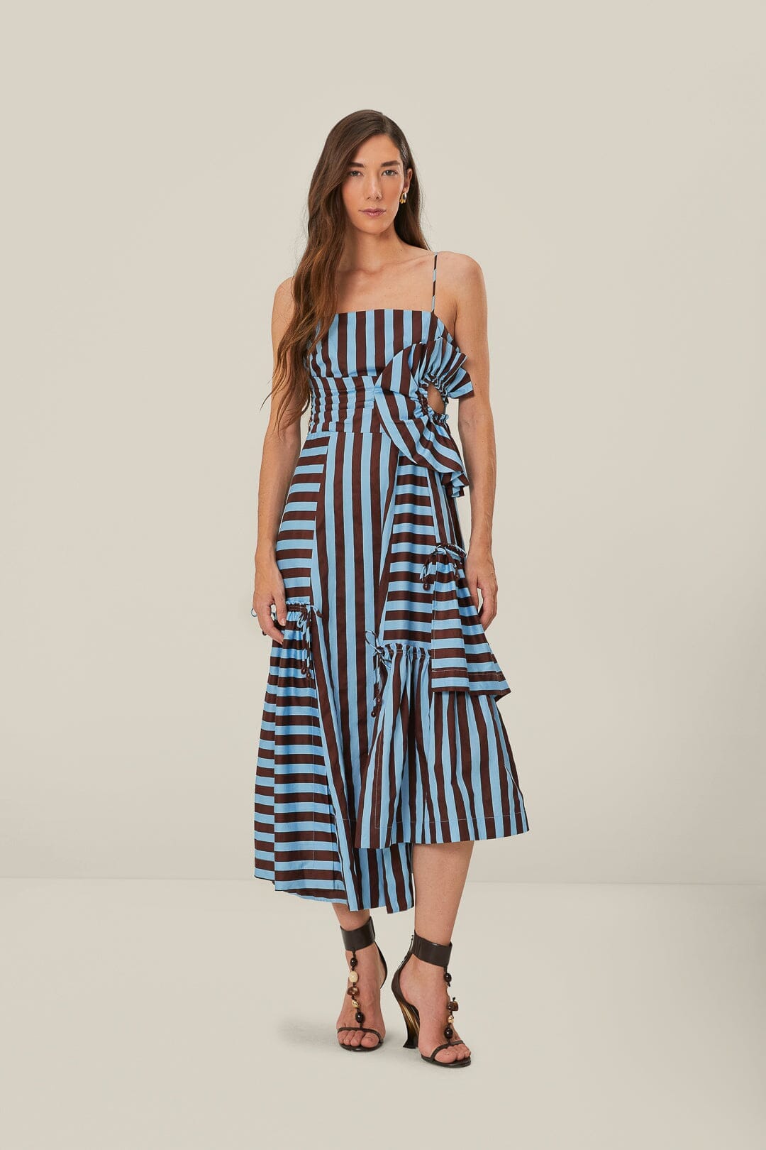 Brown and Blue Tropical Flight Stripes Organic Cotton Midi Dress FARM Rio Brown and Blue Tropical Flight Stripes Organic Cotton Midi Dress FARM Rio