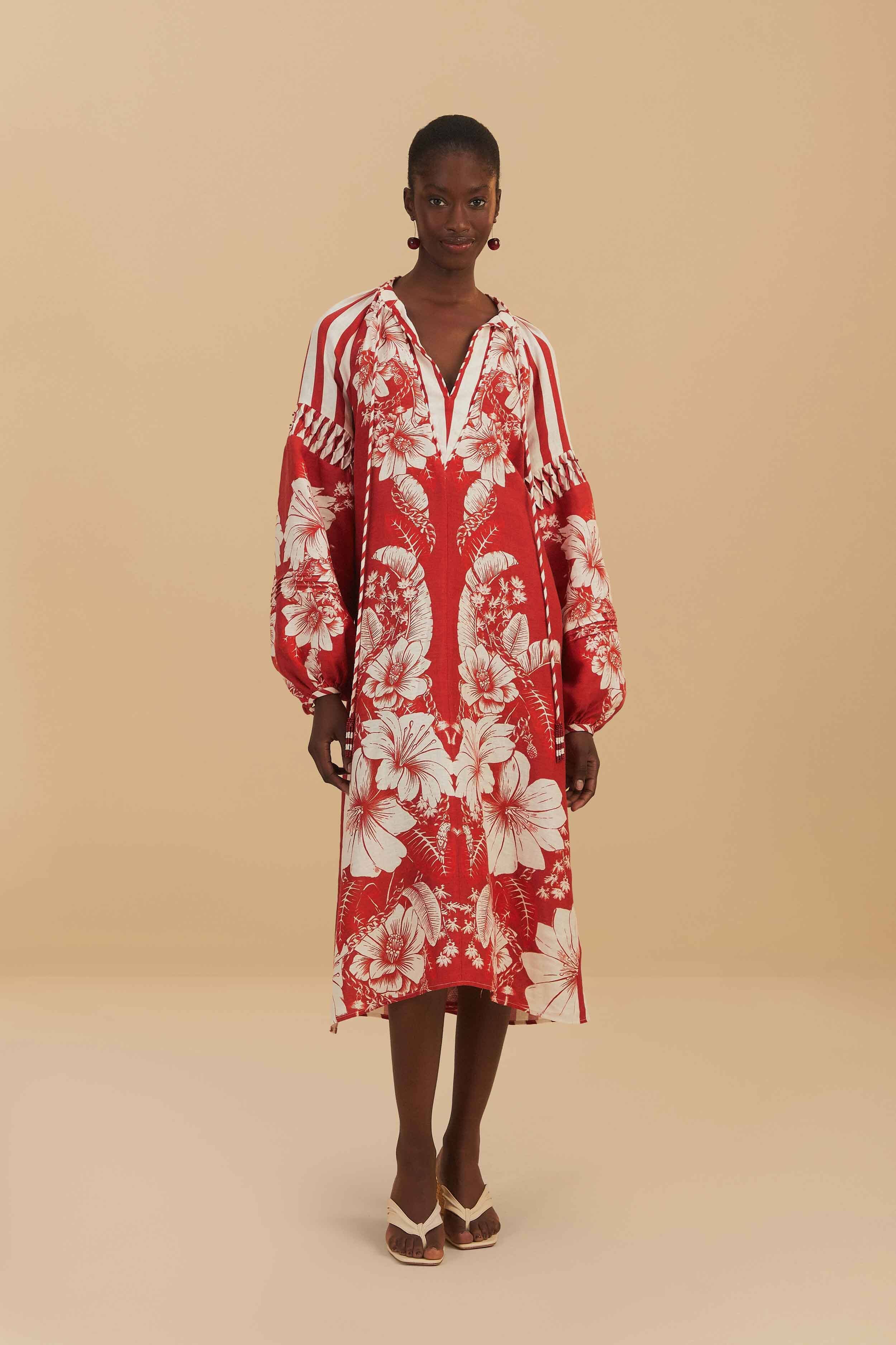 farm rio red floral chains stripes midi dress Red Floral Chains Stripes Midi Dress FARM Rio