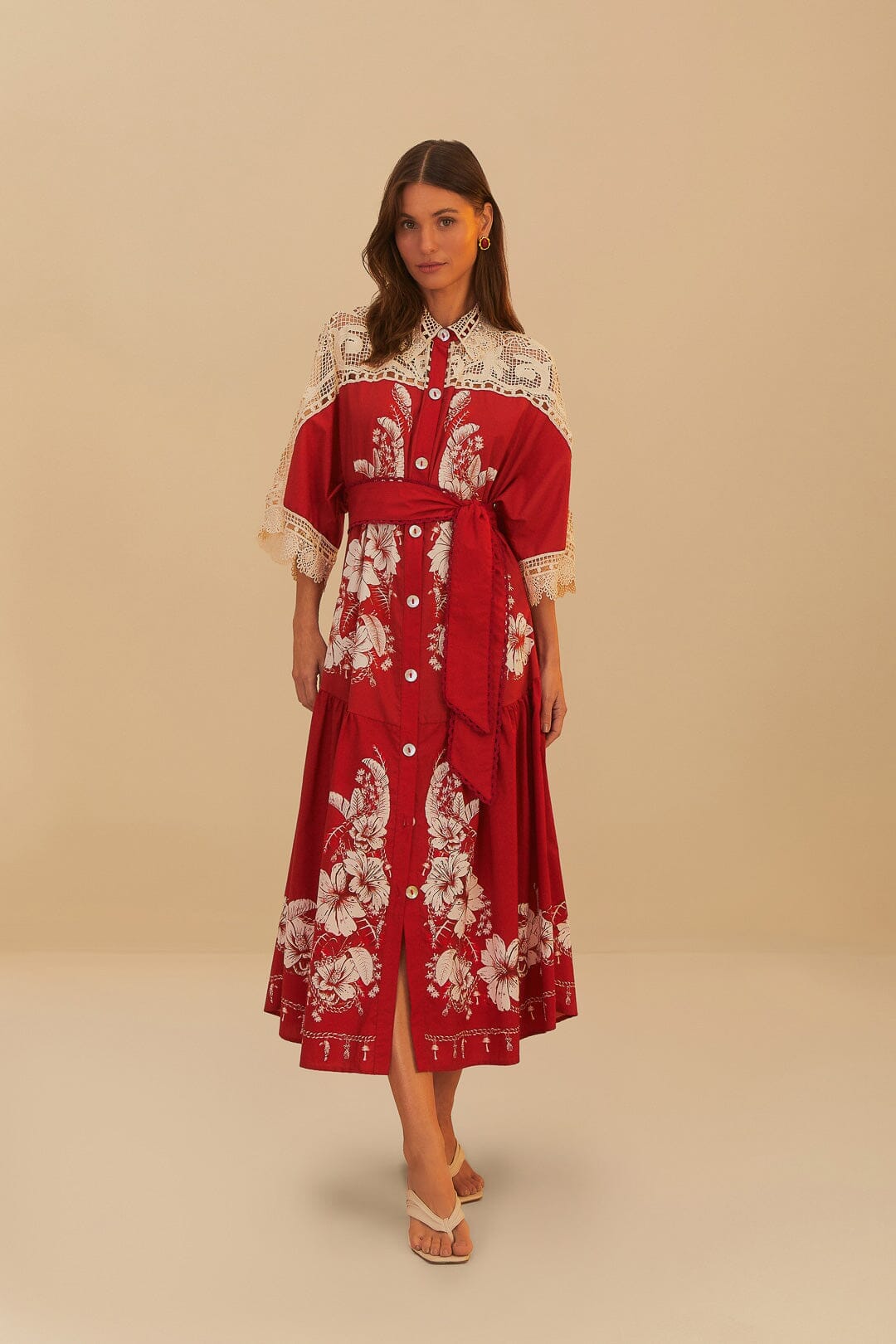 farm rio red nature guipure midi dress Farm Rio Red Guipure Cut Out Midi Dress by Farm Rio