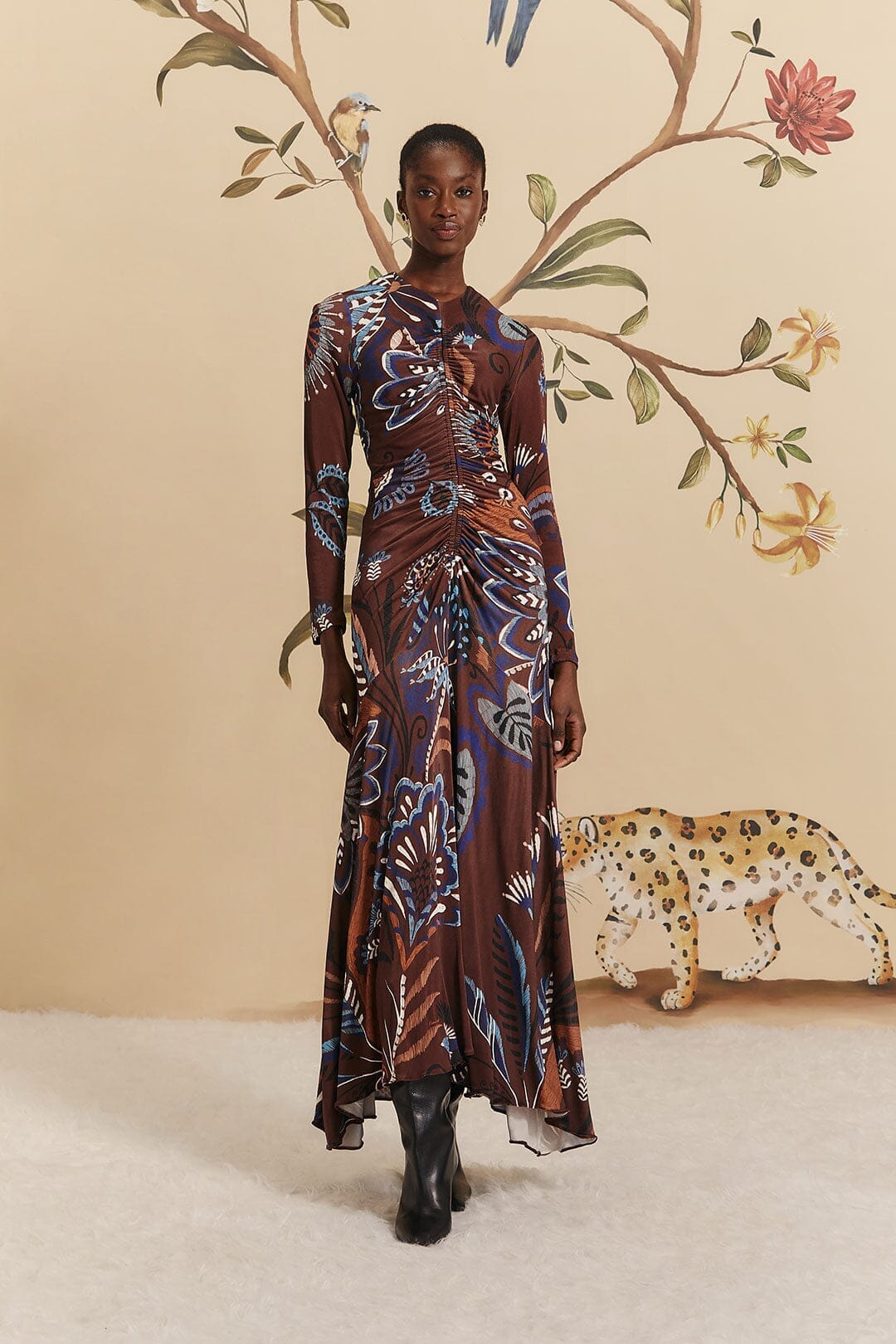 Brown Delicate Garden Long Sleeve Maxi Dress FARM Rio Brown Delicate Garden Long Sleeve Maxi Dress FARM Rio