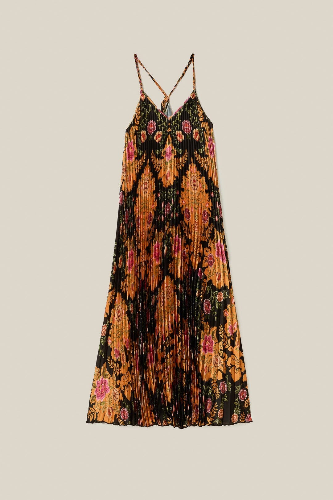 Robe mi-longue plissée à imprimé floral arabesque noir