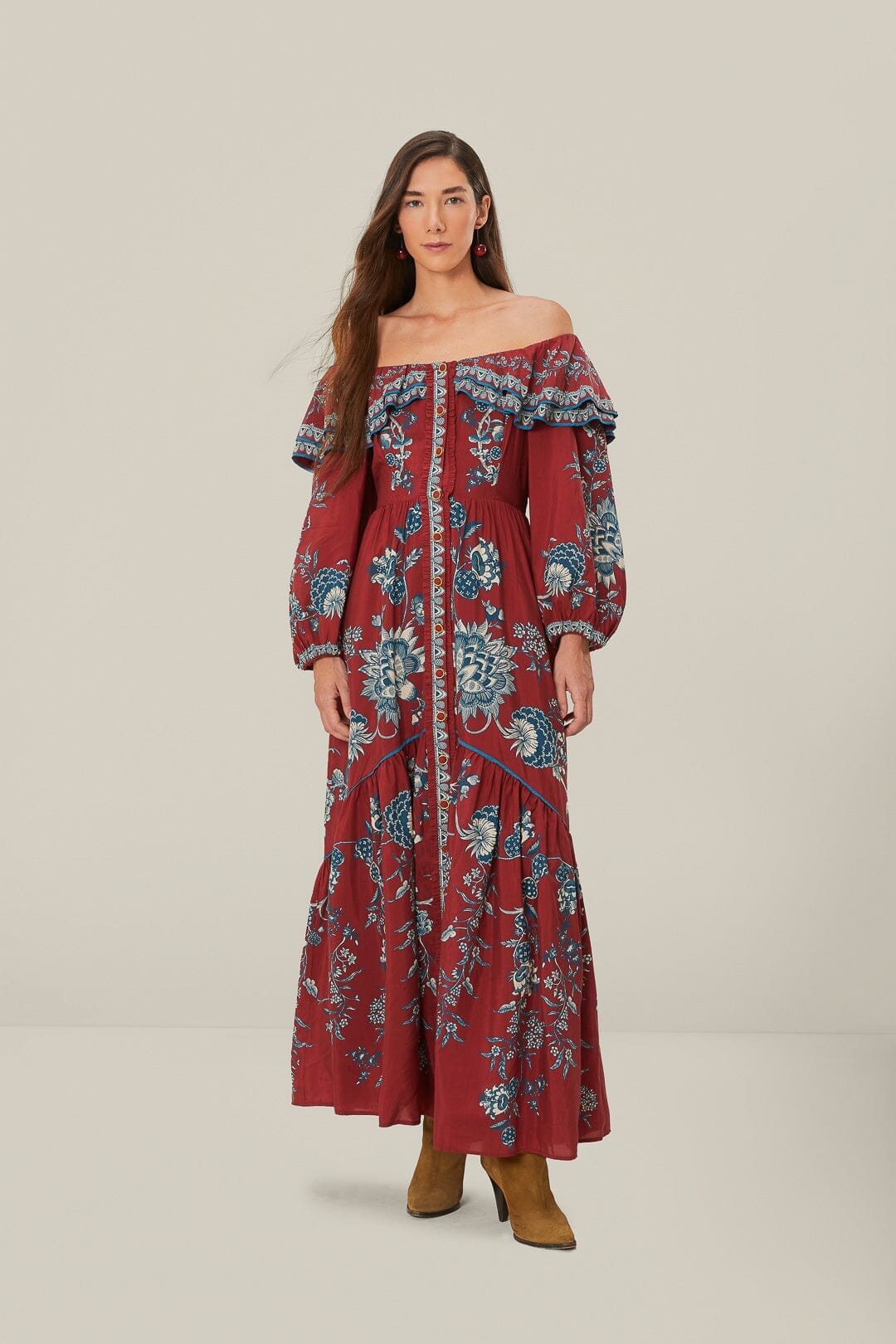Red Tropical Landing Off Shoulder Maxi Dress FARM Rio Red Tropical Landing Off Shoulder Maxi Dress FARM Rio