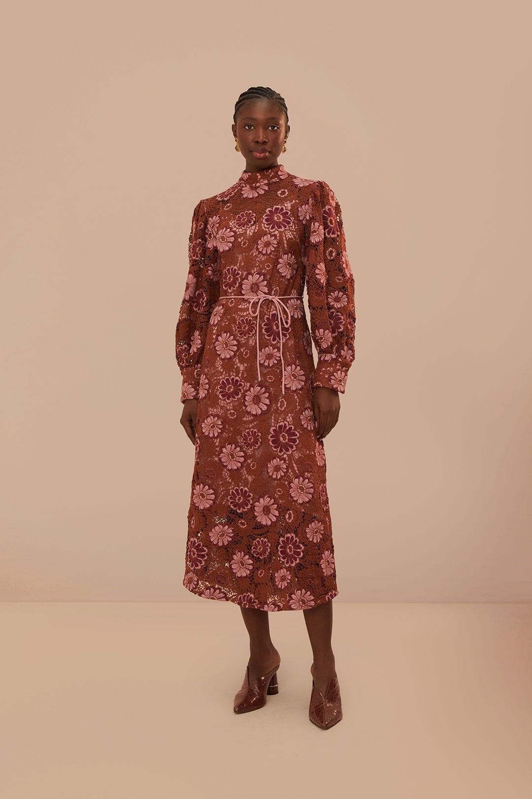 brown pineapple guipure midi dress FARM Rio Pineapple Guipure Brown Midi Dress