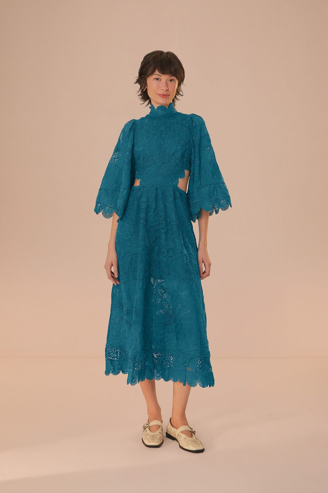 Green Guipire Cut-Out Midi Dress FARM Rio Green Guipire Cut-Out Midi Dress FARM Rio