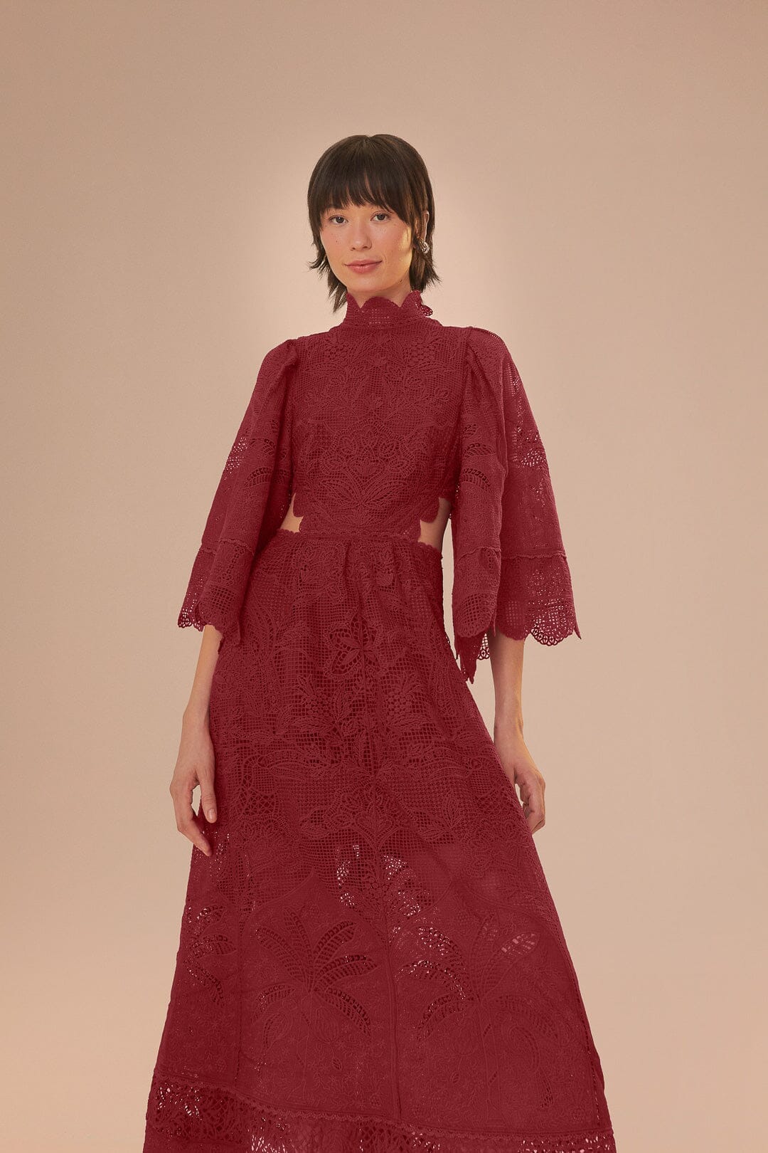Dark Magenta Guipire Cut-Out Midi Dress FARM Rio Dark Magenta Guipire Cut-Out Midi Dress FARM Rio