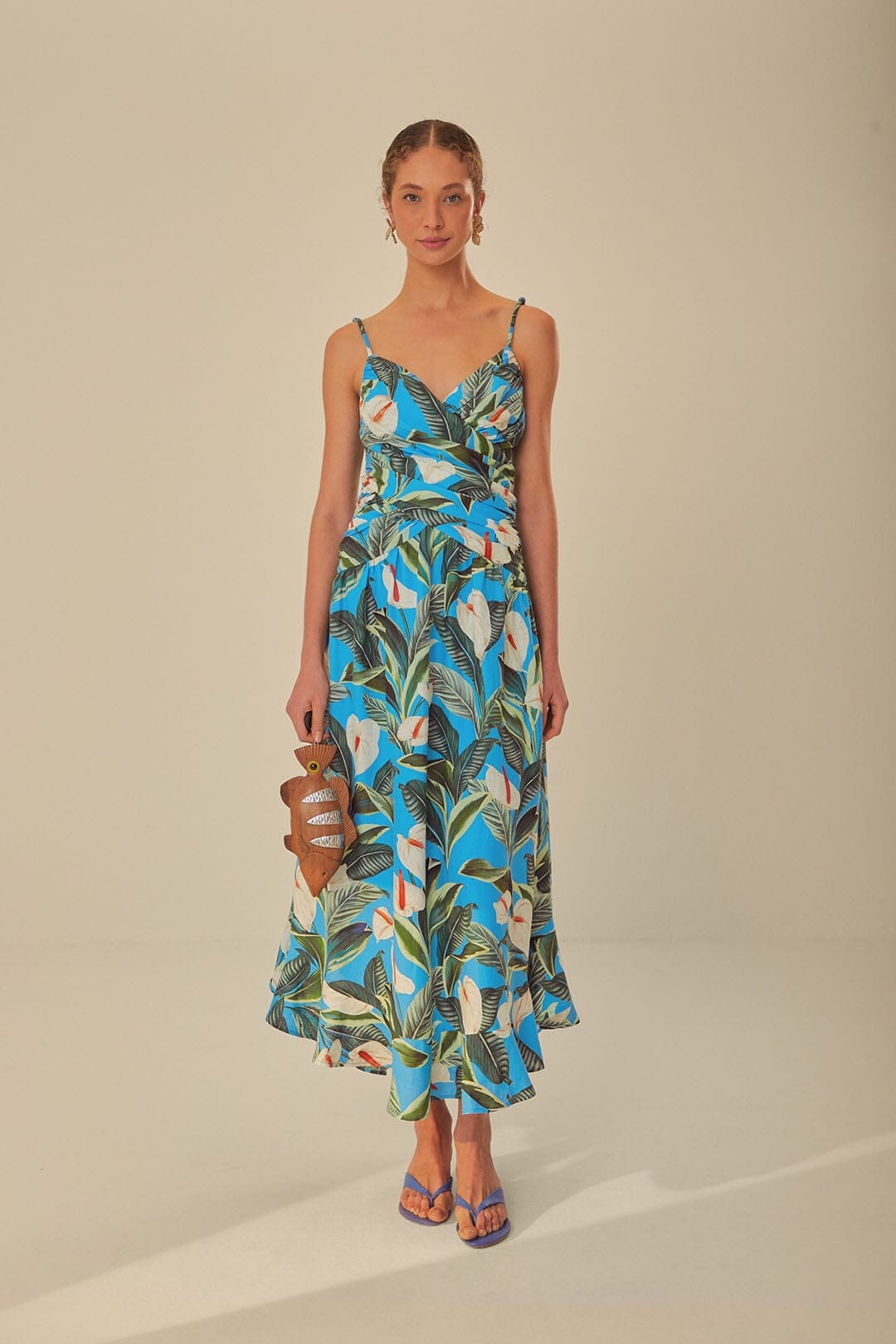 blue anthurium flowers slip maxi dress FARM Rio Anthurium Flowers Slip Maxi Dress in Blue