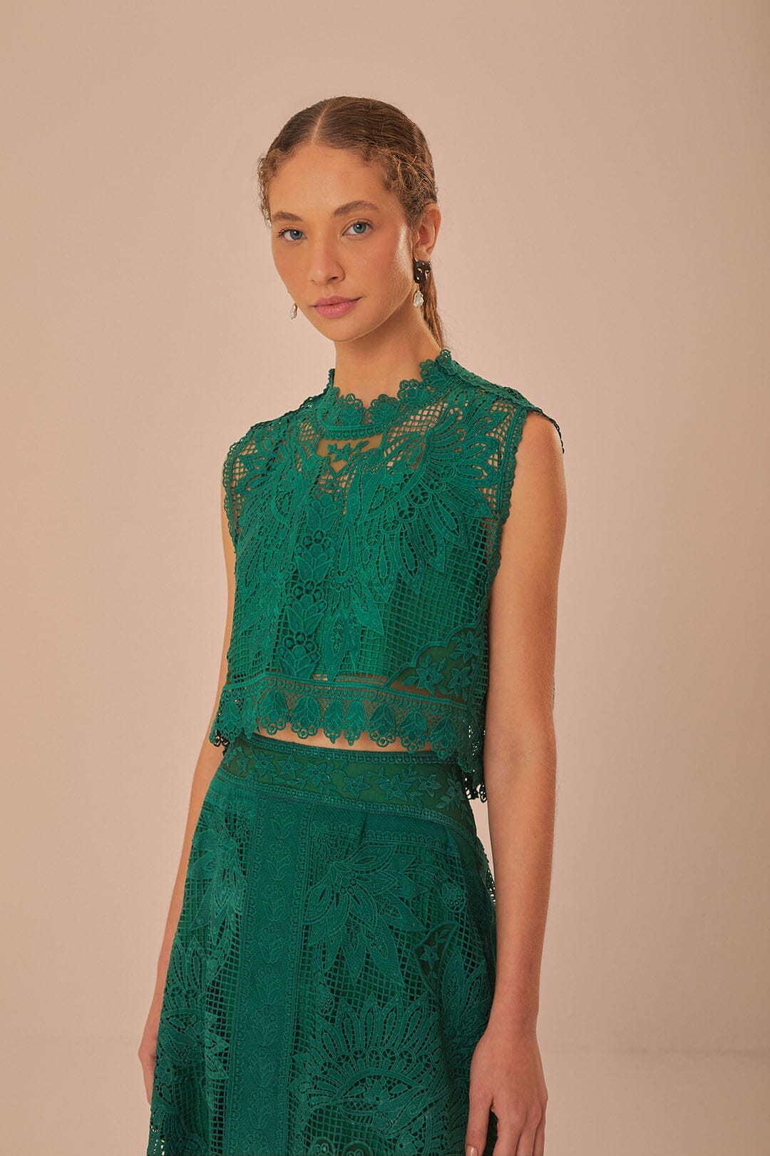 Green Toucans Guipure Sleeveless Top FARM Rio Green Toucans Guipure Sleeveless Top FARM Rio