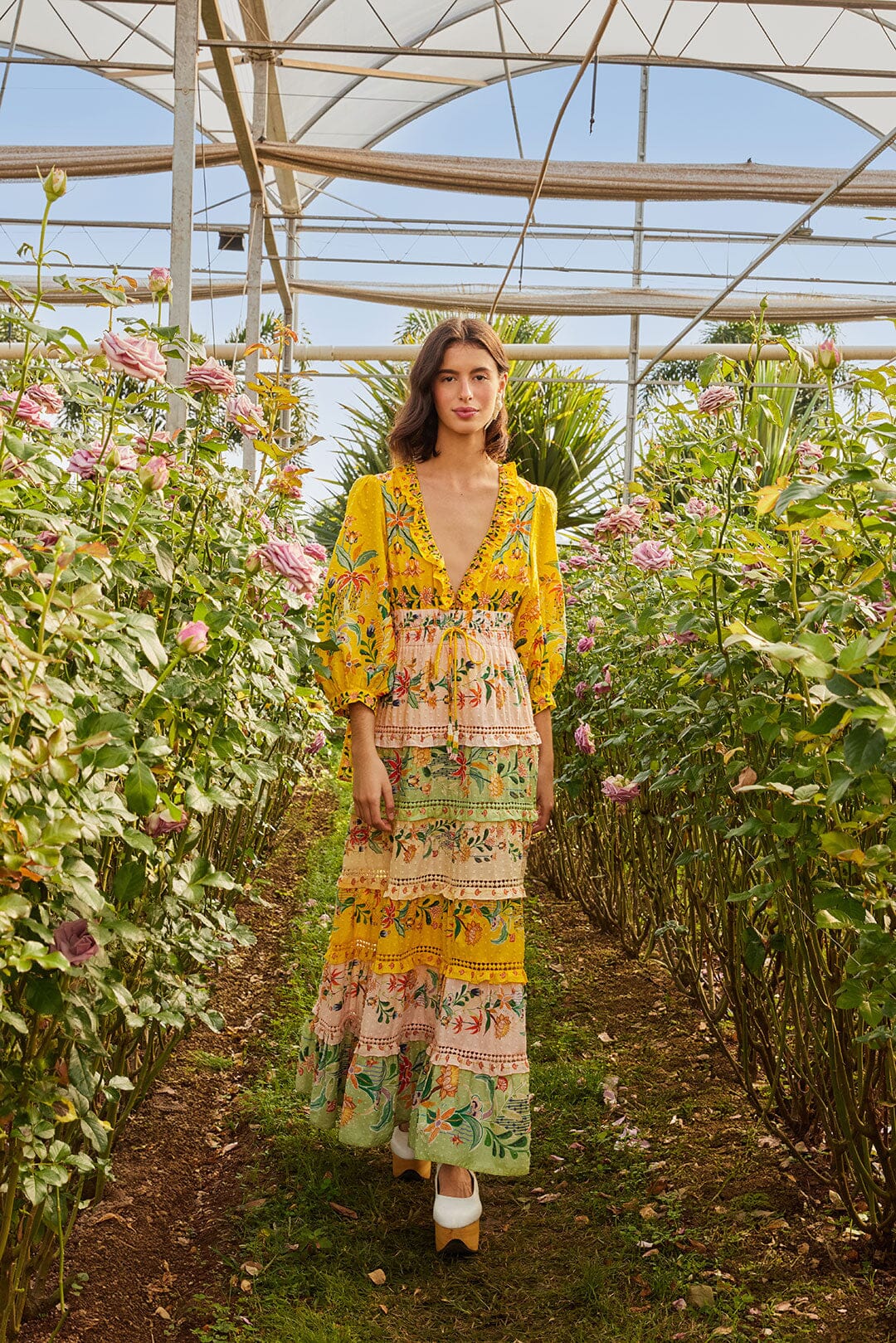 Delicate Flowers Stripes Long Sleeve Maxi Dress FARM Rio Delicate Flowers Stripes Long Sleeve Maxi Dress FARM Rio