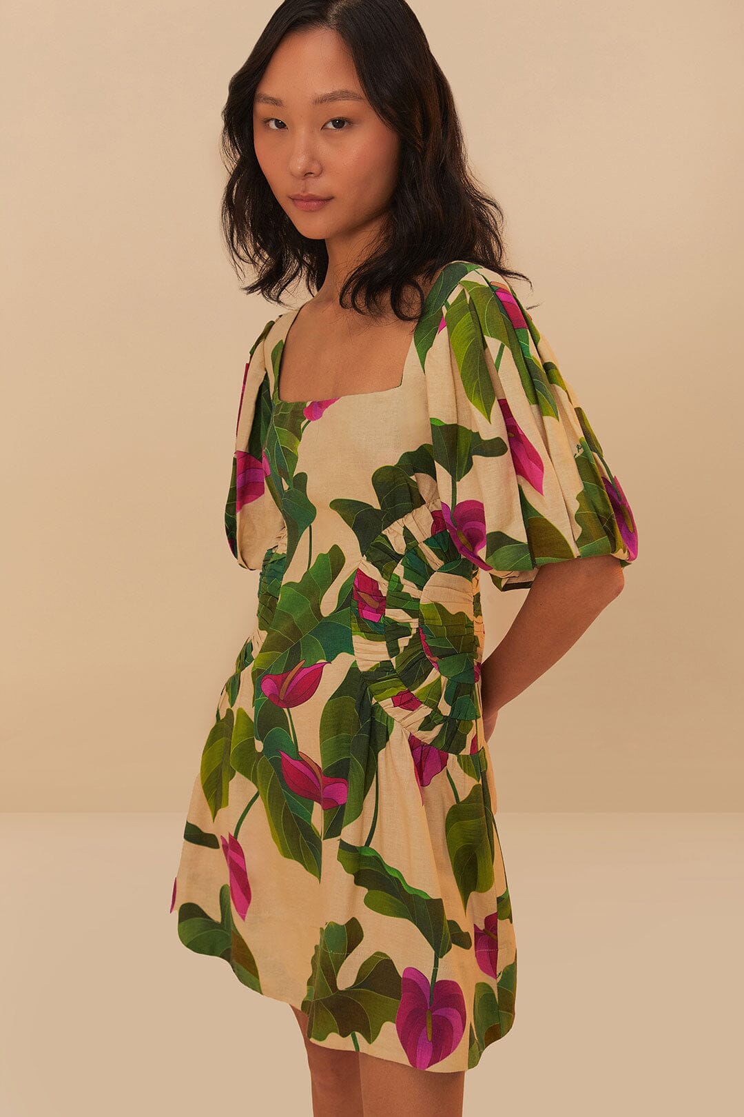 farm rio anthurium dress Anthurium Leaves Sand Short Sleeve Square Neckline Mini Dress – FARM Rio
