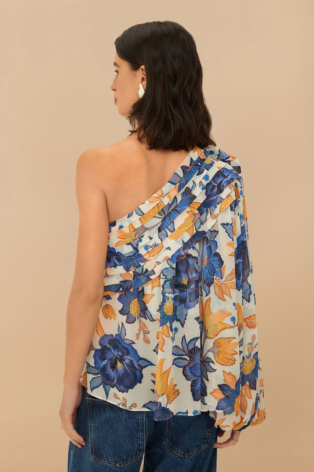 Chemisier asymétrique à fleurs d'été blanc cassé avec roses 3D