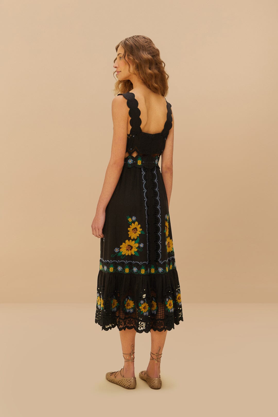 Black Cross Stitch Sunflower Richelieu LENZING™ ECOVERO™ Euroflax™ Midi Dress
