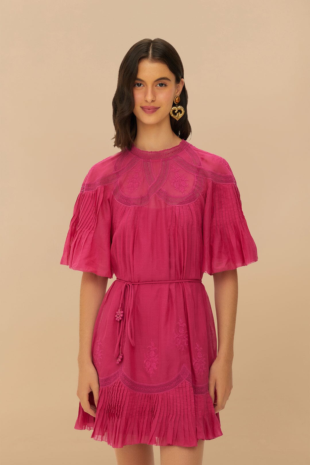 Pink Short Sleeve Ruched Mini Dress FARM Rio Pink Short Sleeve Ruched Mini Dress FARM Rio