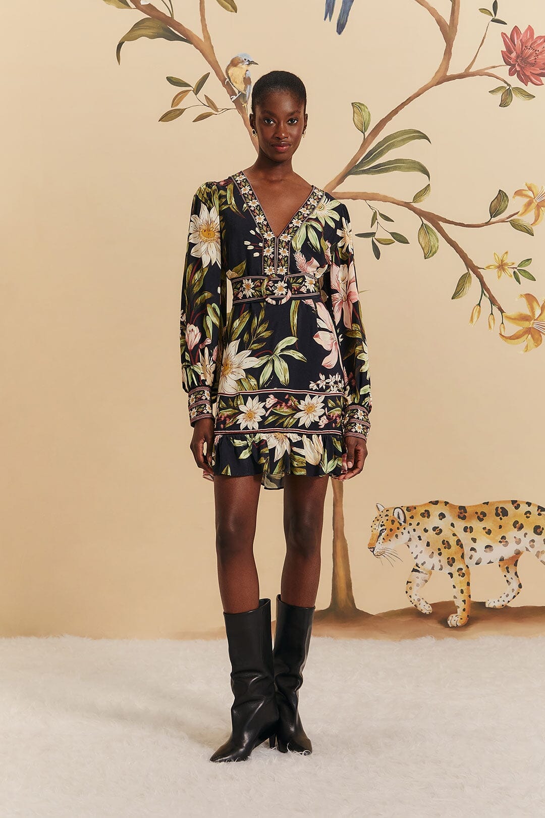 Black Surreal Flowers Long Sleeve Mini Dress FARM Rio Black Surreal Flowers Long Sleeve Mini Dress FARM Rio