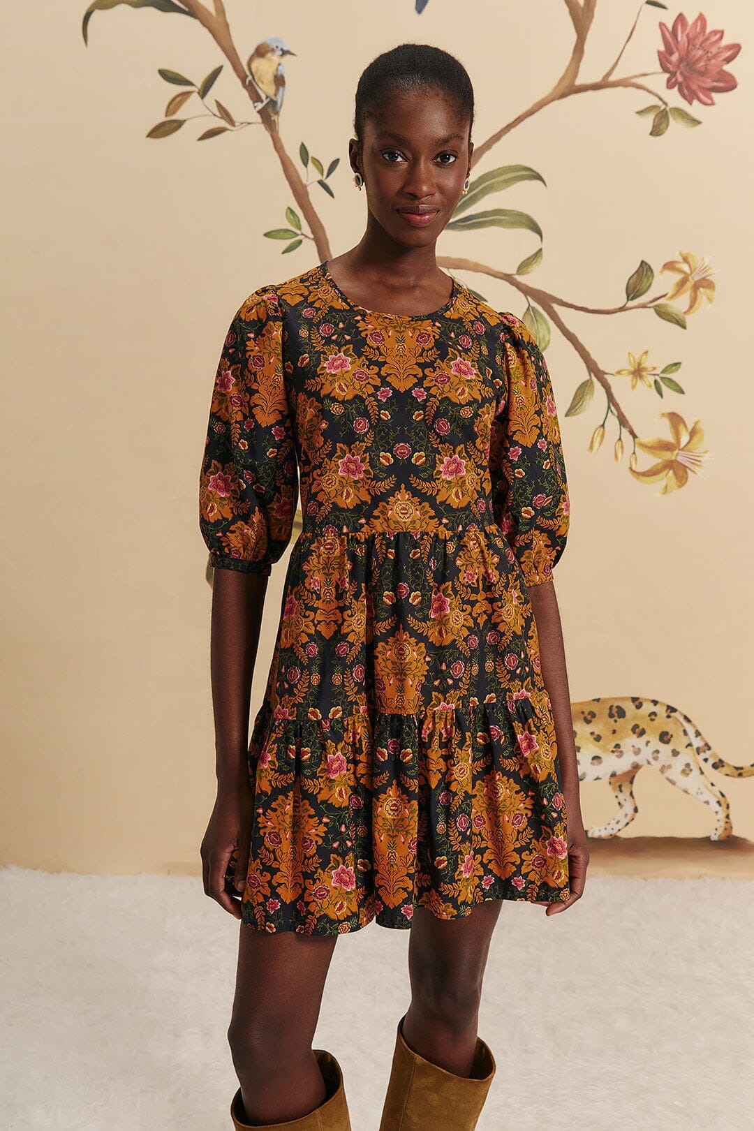 Black Arabesque Floral Puff Sleeve Mini Dress FARM Rio Black Arabesque Floral Puff Sleeve Mini Dress FARM Rio