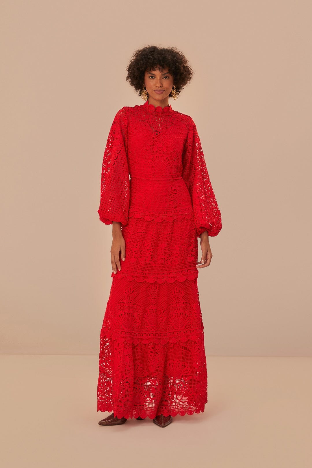 Red Guipire Long Sleeve Maxi Dress FARM Rio Red Guipire Long Sleeve Maxi Dress FARM Rio