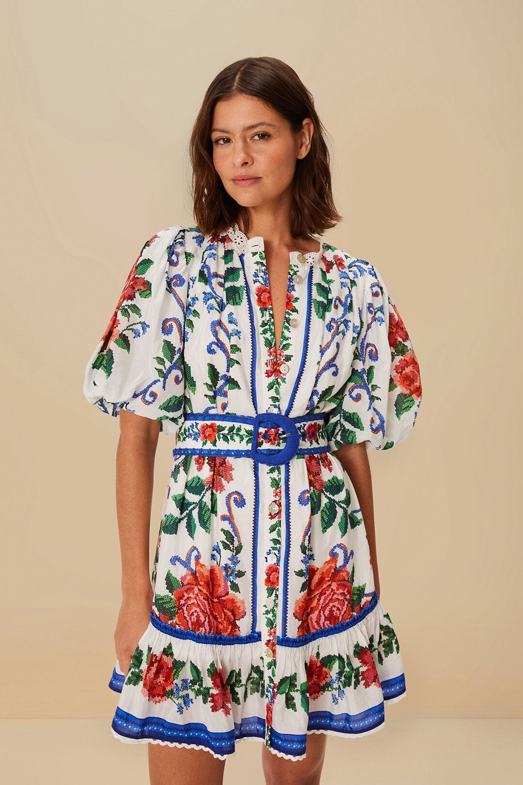 flower tapestry embroidered dress farm rio FARM Rio | Light Blue Blue Garden Tapestry Midi Dress | Woman