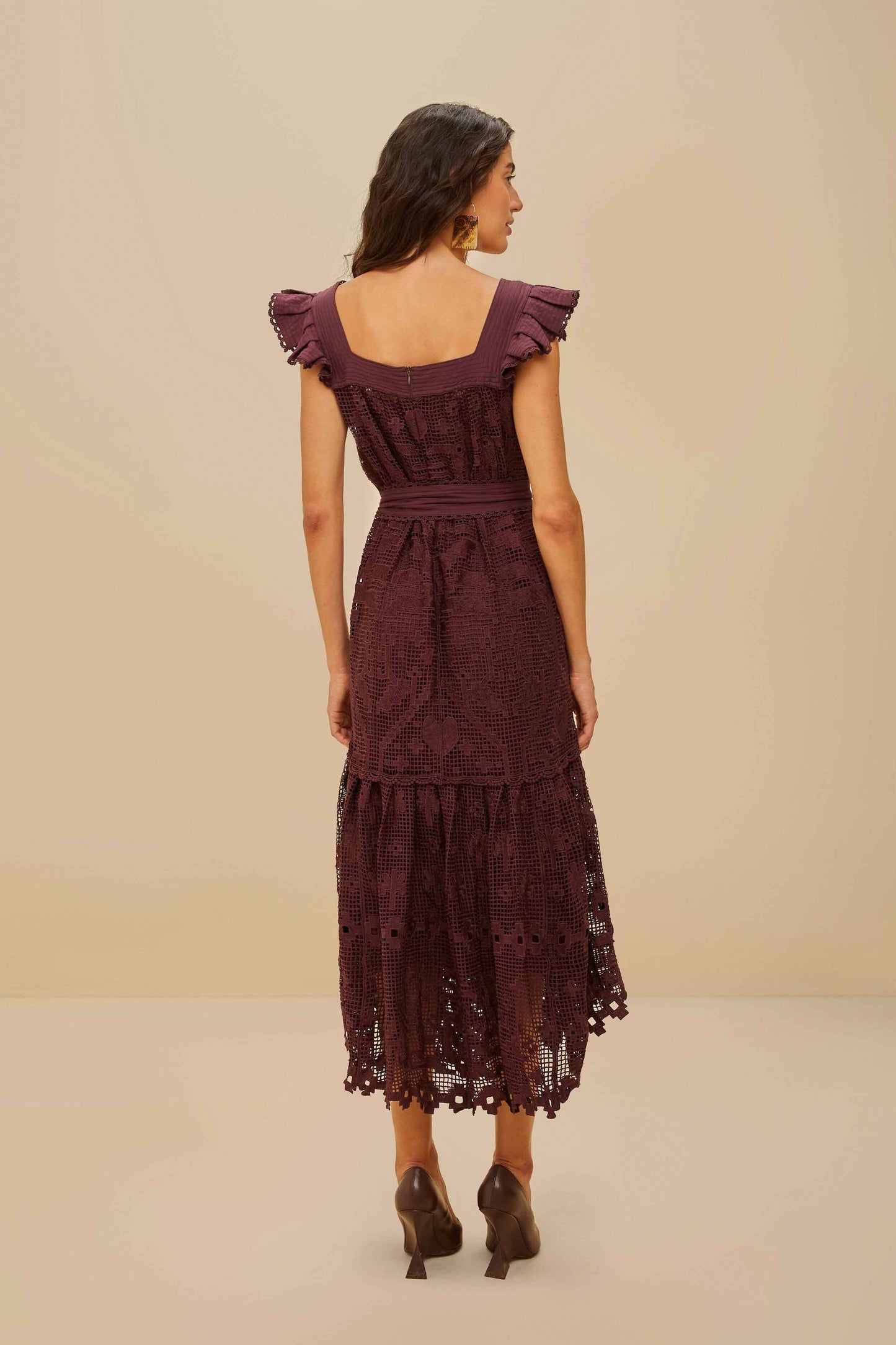 ROBE MIDI MARRON GUIPURE ANANAS