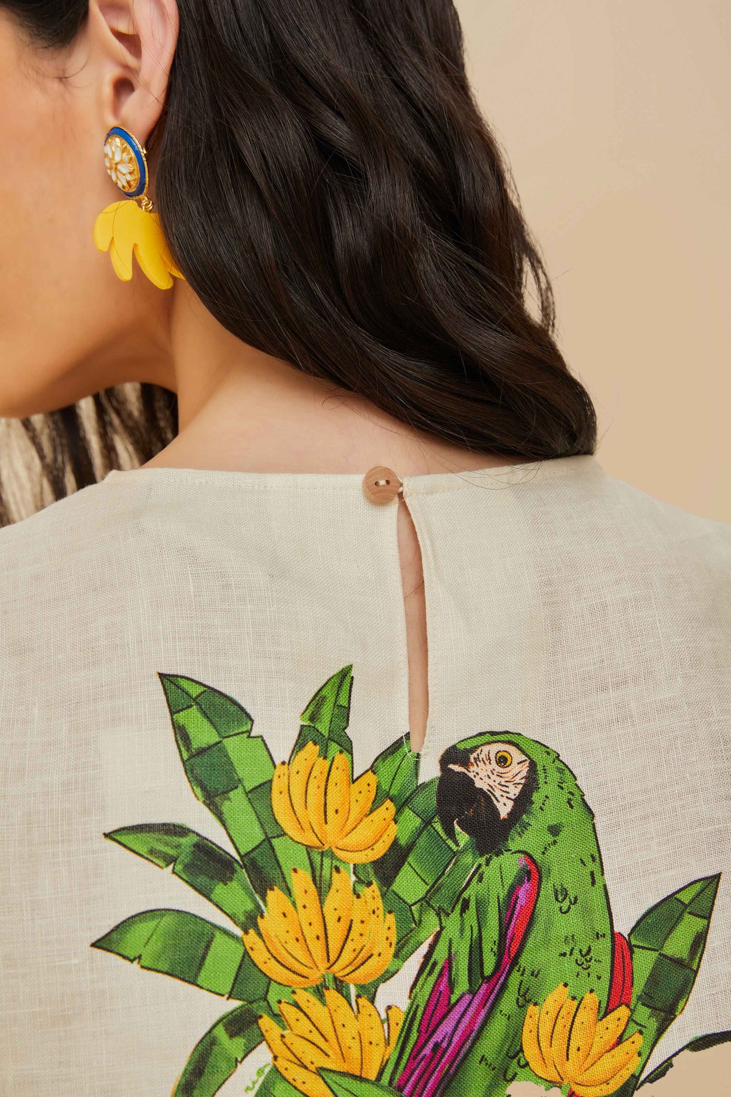 Chemisier en lin de qualité supérieure Euroflax™ blanc cassé à motif Maracana Bird