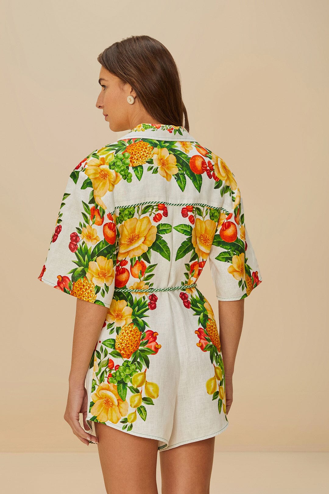 Barboteuse en lin de qualité supérieure Euroflax™ à fleurs pique-nique blanc cassé