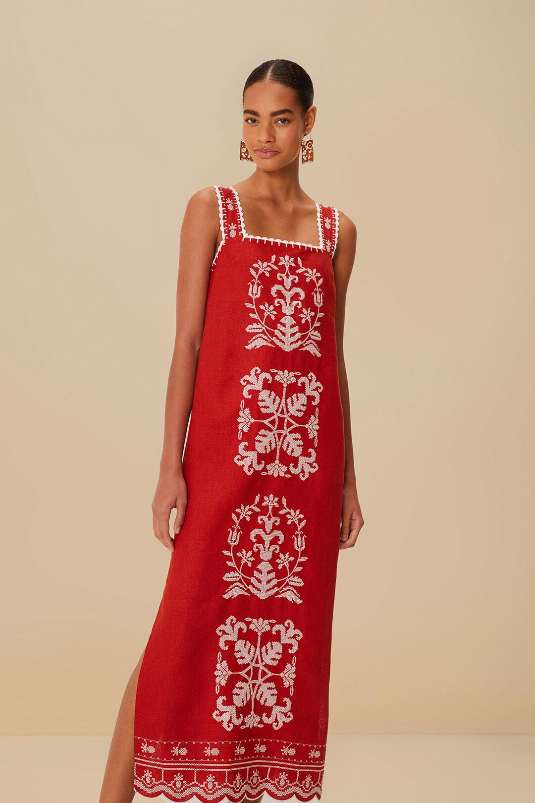 strapless open back dress Red Tropical Cross Stitch Embroidered Euroflax™ Premium Linen Midi Dre – FARM  Rio