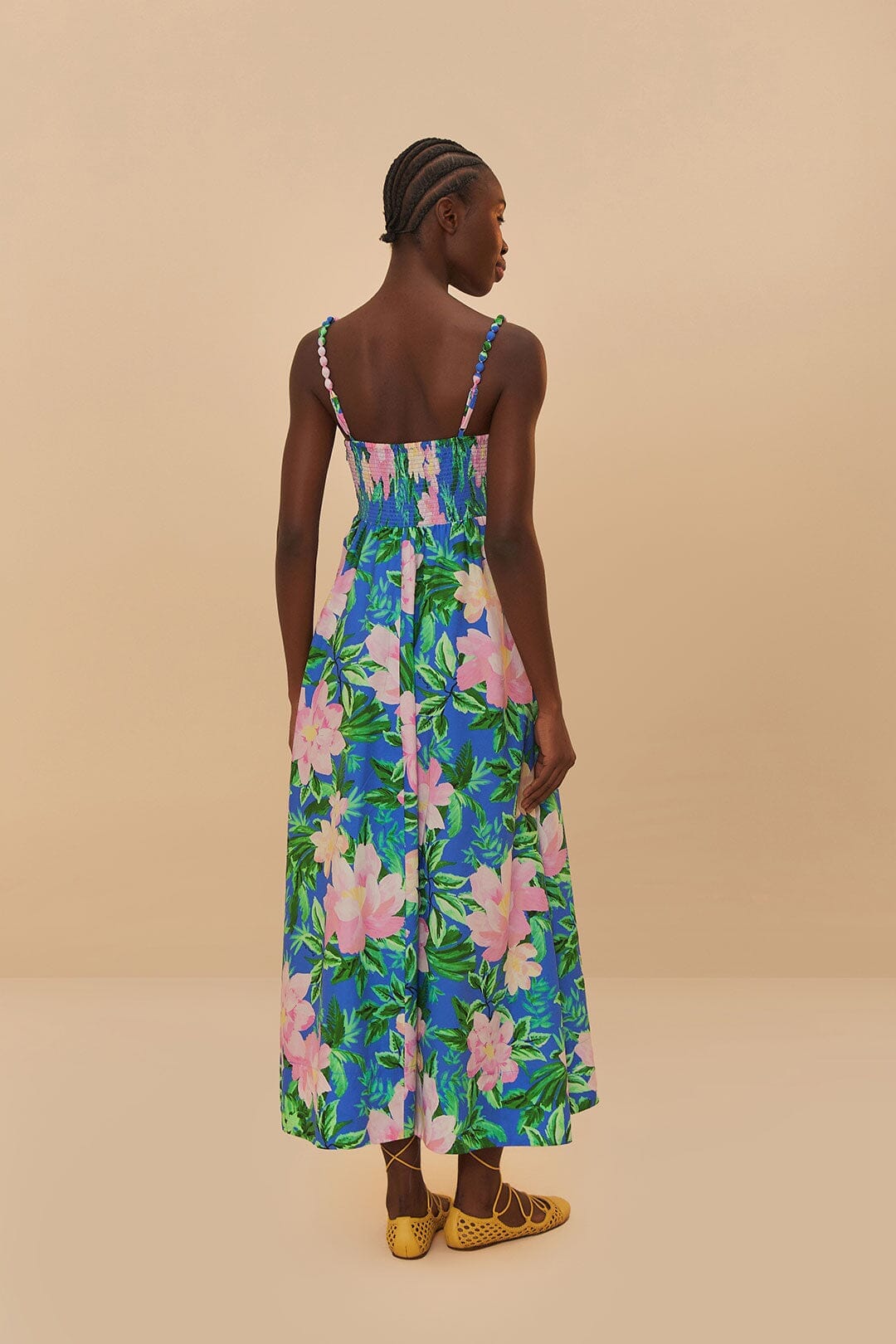 Blue Painted Flowers Organic Cotton Midi Dress