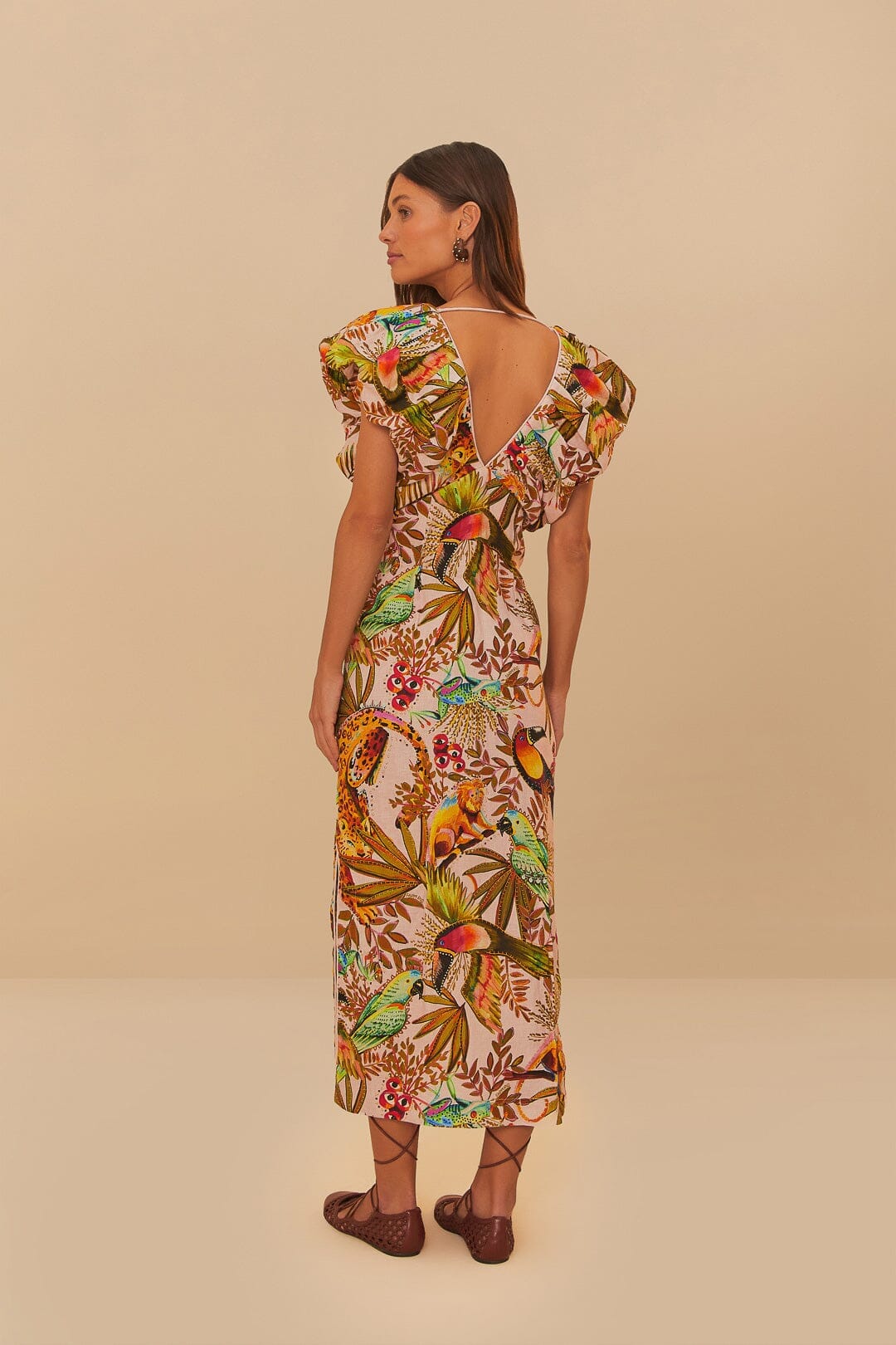 Robe midi en lin de qualité supérieure Euroflax™ rose Into The Jungle