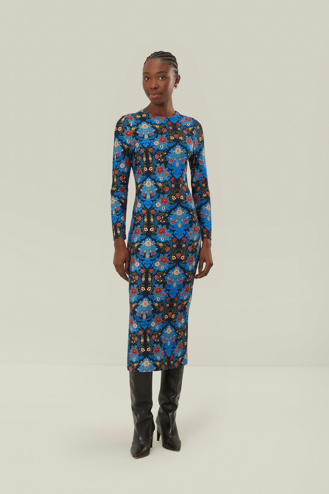 Blue Arabesque Floral Jersey LENZING ECOVERO Midi Dress FARM Rio Blue Arabesque Floral Jersey LENZING ECOVERO Midi Dress FARM Rio