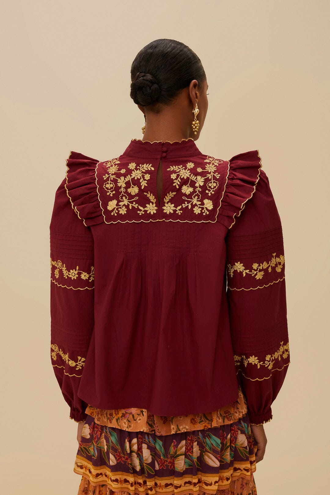 Burgundy Golden Embroidered Organic Cotton Blouse