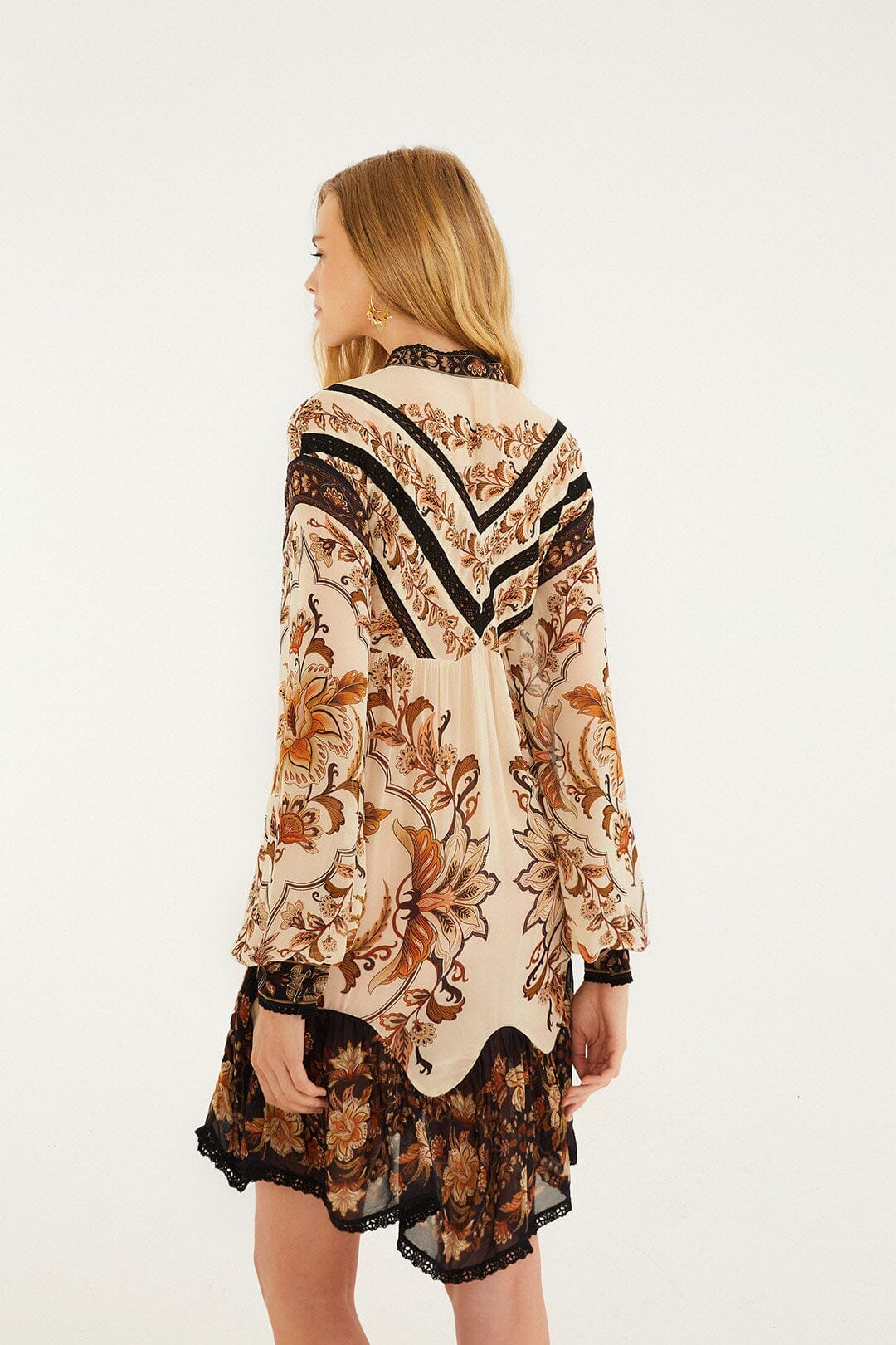 Sand Majestic Garden Lace Long Sleeve Mini Dress