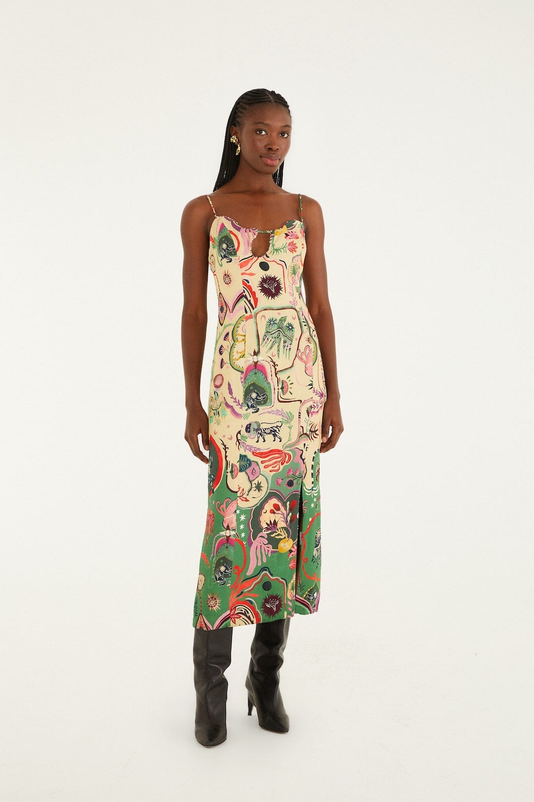 Beige Artsy Surreal Land Beaded Sleeveless Midi Dress | FARM Rio Beige Artsy Surreal Land Beaded Sleeveless Midi Dress | FARM Rio