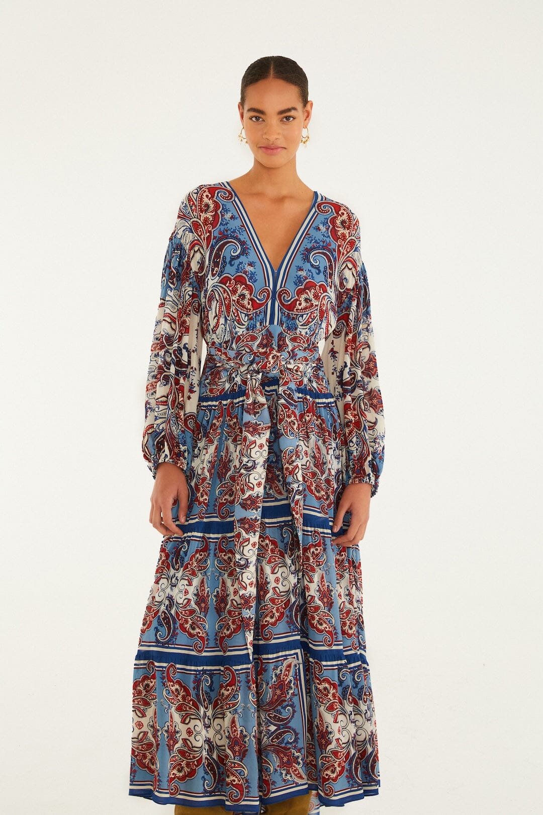 Blue Paisley Scarf Long Sleeve Maxi Dress